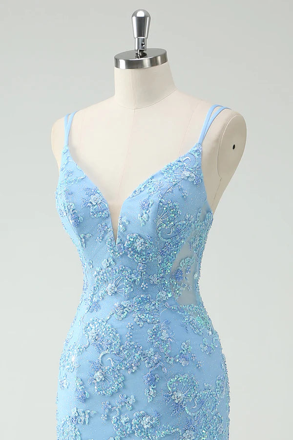 Sky Blue Mermaid Spaghetti Straps Appliqued Long Prom Dress with Slit Slit simple gentle atmospheric and unique desi Bring summer colors to enhance whiteness