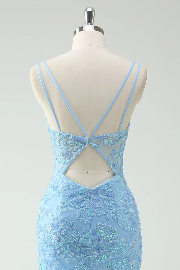 Sky Blue Mermaid Spaghetti Straps Appliqued Long Prom Dress with Slit Slit simple gentle atmospheric and unique desi Bring summer colors to enhance whiteness