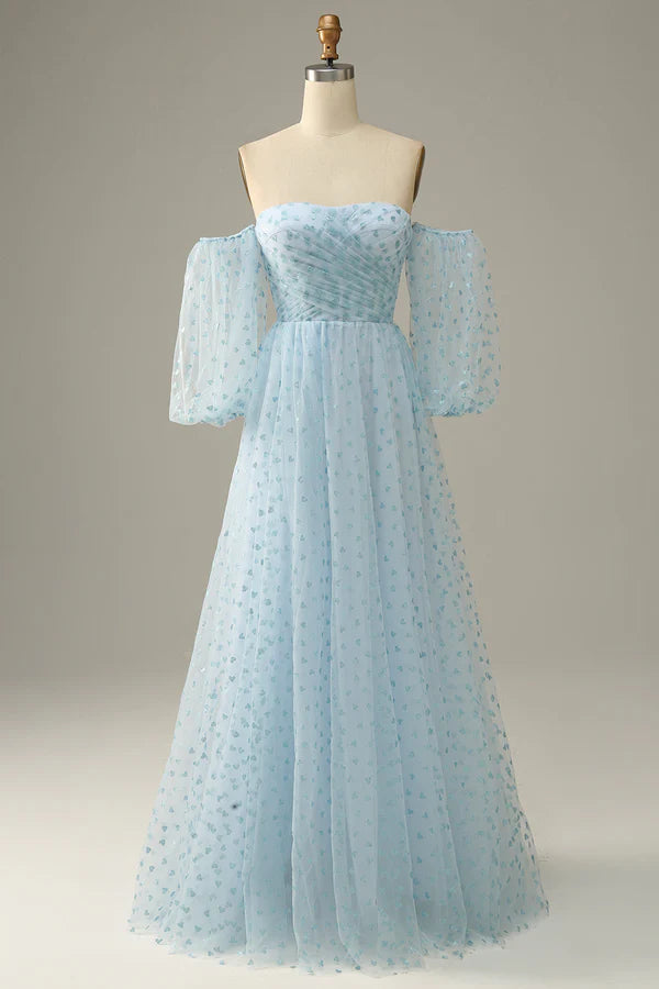 Sky Blue Off The Shoulder Prom Dress Simple gentle atmospheric and unique design