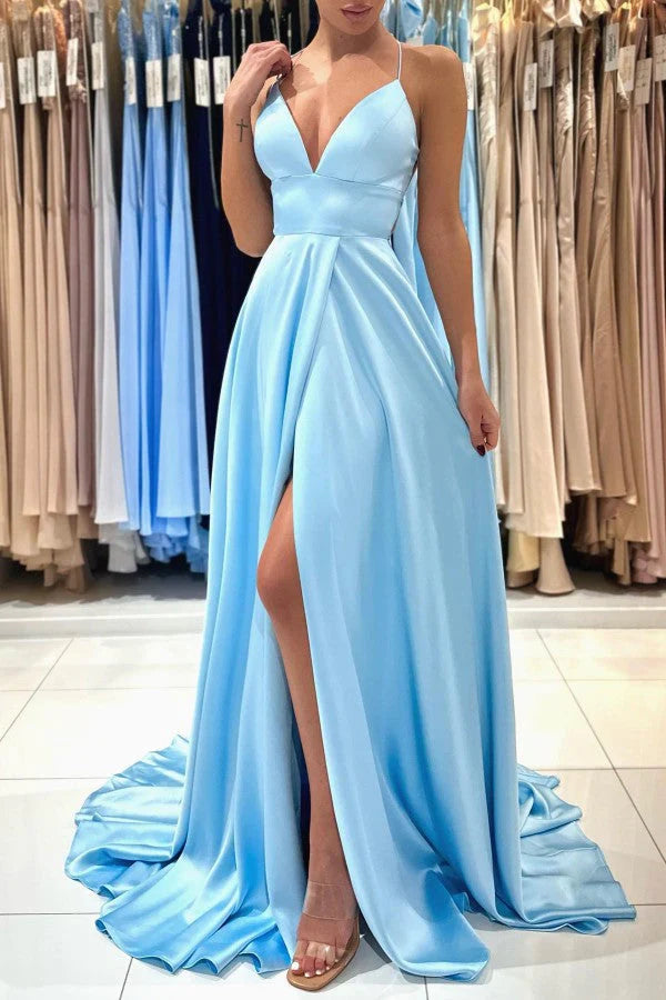Sky Blue Spaghetti-Straps Prom Dress Split Long On Sale Simple gentle atmospheric and unique design