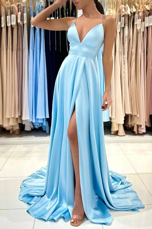 Sky Blue Spaghetti-Straps Prom Dress Split Long On Sale Simple gentle atmospheric and unique design