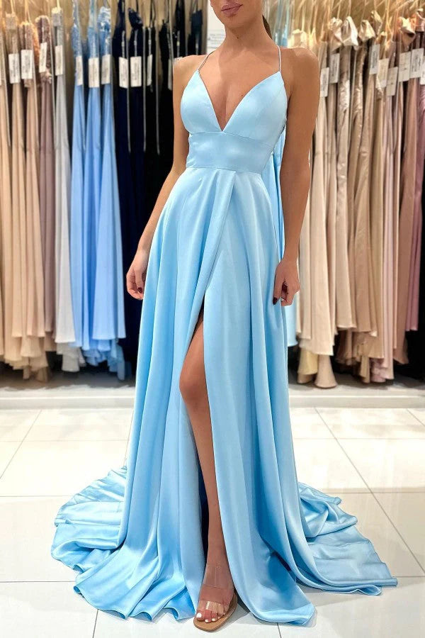 Sky Blue Spaghetti-Straps Prom Dress Split Long On Sale Simple gentle atmospheric and unique design