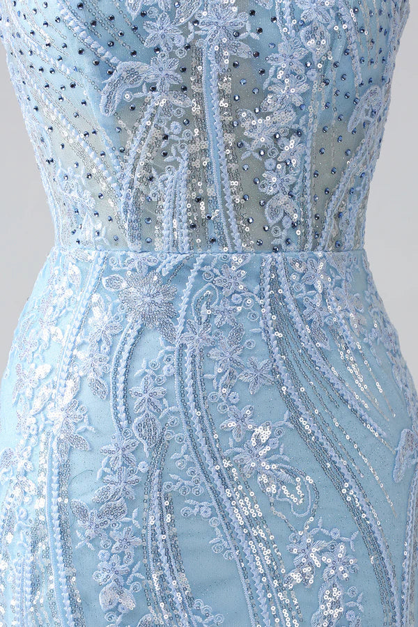 Sky Blue Sparkly Mermaid Corset Prom Dress with Sequins Split Front spheric and unique desigentle atmospheric and unique desi