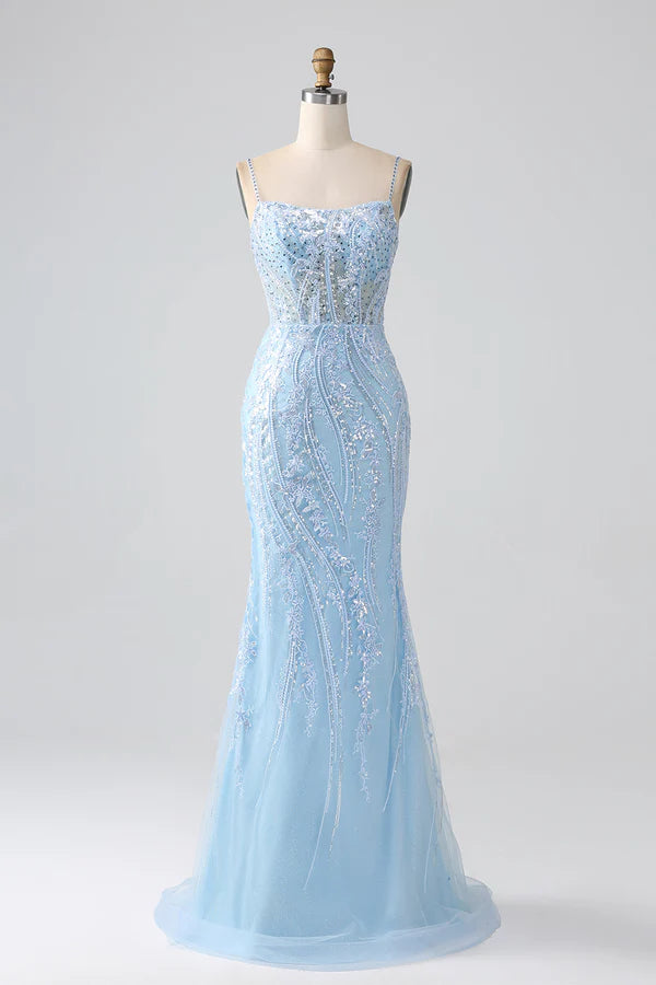 Sky Blue Sparkly Mermaid Corset Prom Dress with Sequins Split Front spheric and unique desigentle atmospheric and unique desi