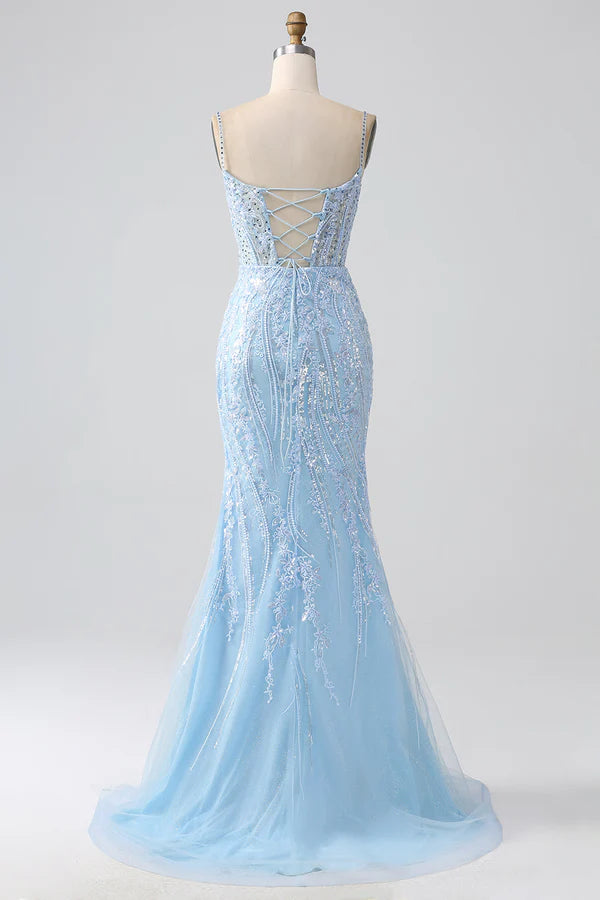 Sky Blue Sparkly Mermaid Corset Prom Dress with Sequins Split Front spheric and unique desigentle atmospheric and unique desi