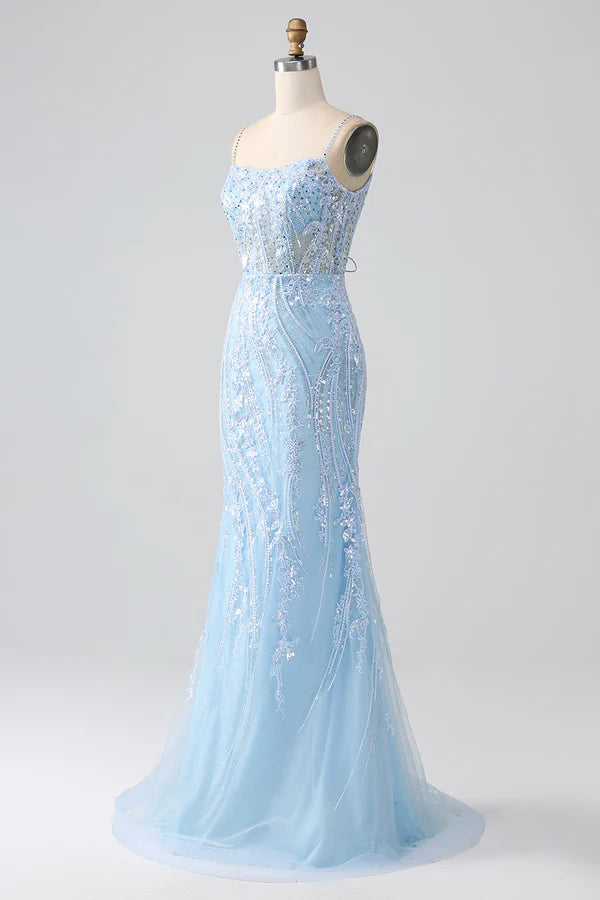 Sky Blue Sparkly Mermaid Corset Prom Dress with Sequins Split Front spheric and unique desigentle atmospheric and unique desi