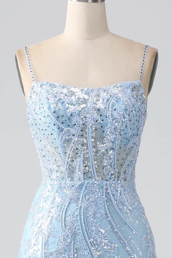 Sky Blue Sparkly Mermaid Corset Prom Dress with Sequins Split Front spheric and unique desigentle atmospheric and unique desi