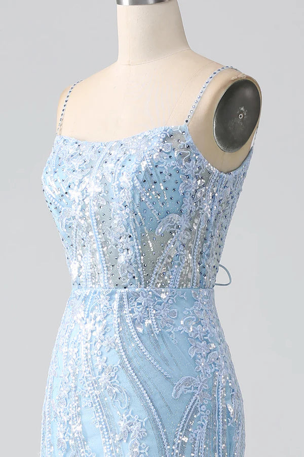 Sky Blue Sparkly Mermaid Corset Prom Dress with Sequins Split Front spheric and unique desigentle atmospheric and unique desi