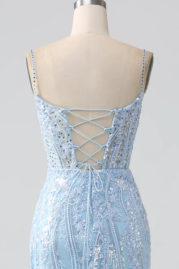 Sky Blue Sparkly Mermaid Corset Prom Dress with Sequins Split Front spheric and unique desigentle atmospheric and unique desi