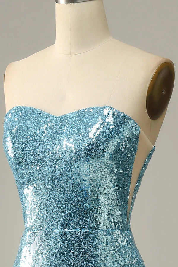 Sky Blue Sweetheart Sequined Mermaid Prom Dress With Feathers Simple gentle atmospheric and unique design ﻿