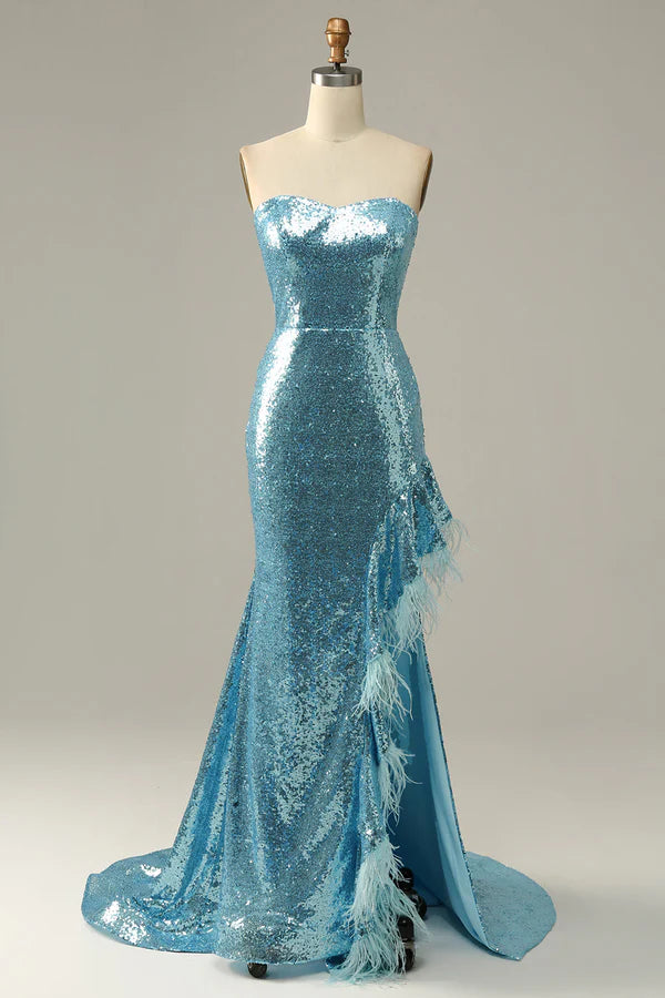 Sky Blue Sweetheart Sequined Mermaid Prom Dress With Feathers Simple gentle atmospheric and unique design ﻿