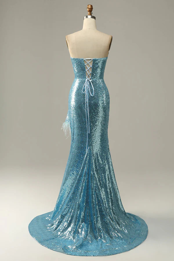 Sky Blue Sweetheart Sequined Mermaid Prom Dress With Feathers Simple gentle atmospheric and unique design ﻿