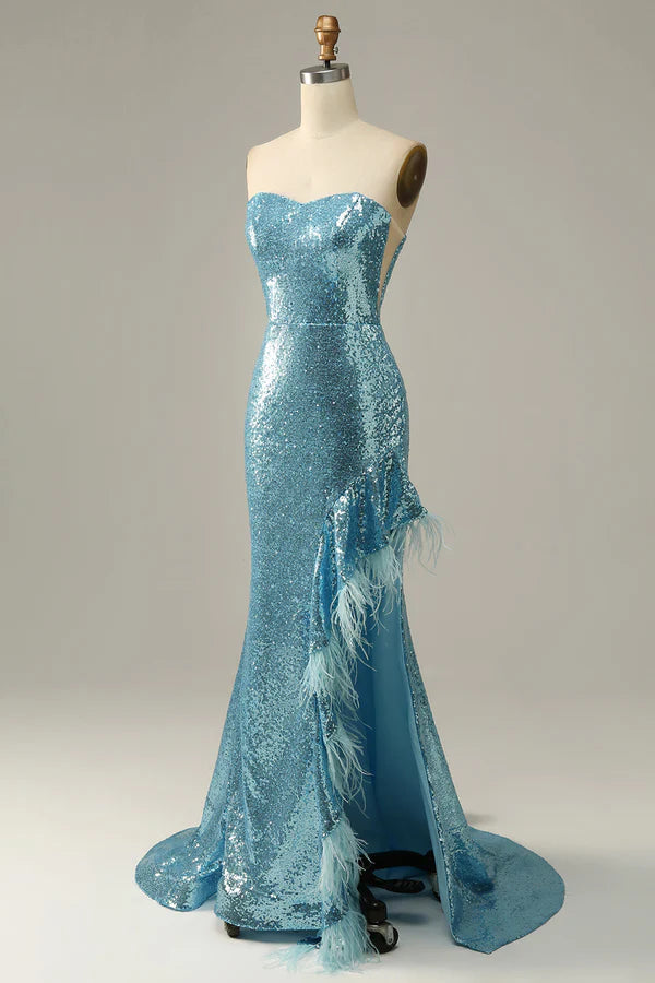 Sky Blue Sweetheart Sequined Mermaid Prom Dress With Feathers Simple gentle atmospheric and unique design ﻿