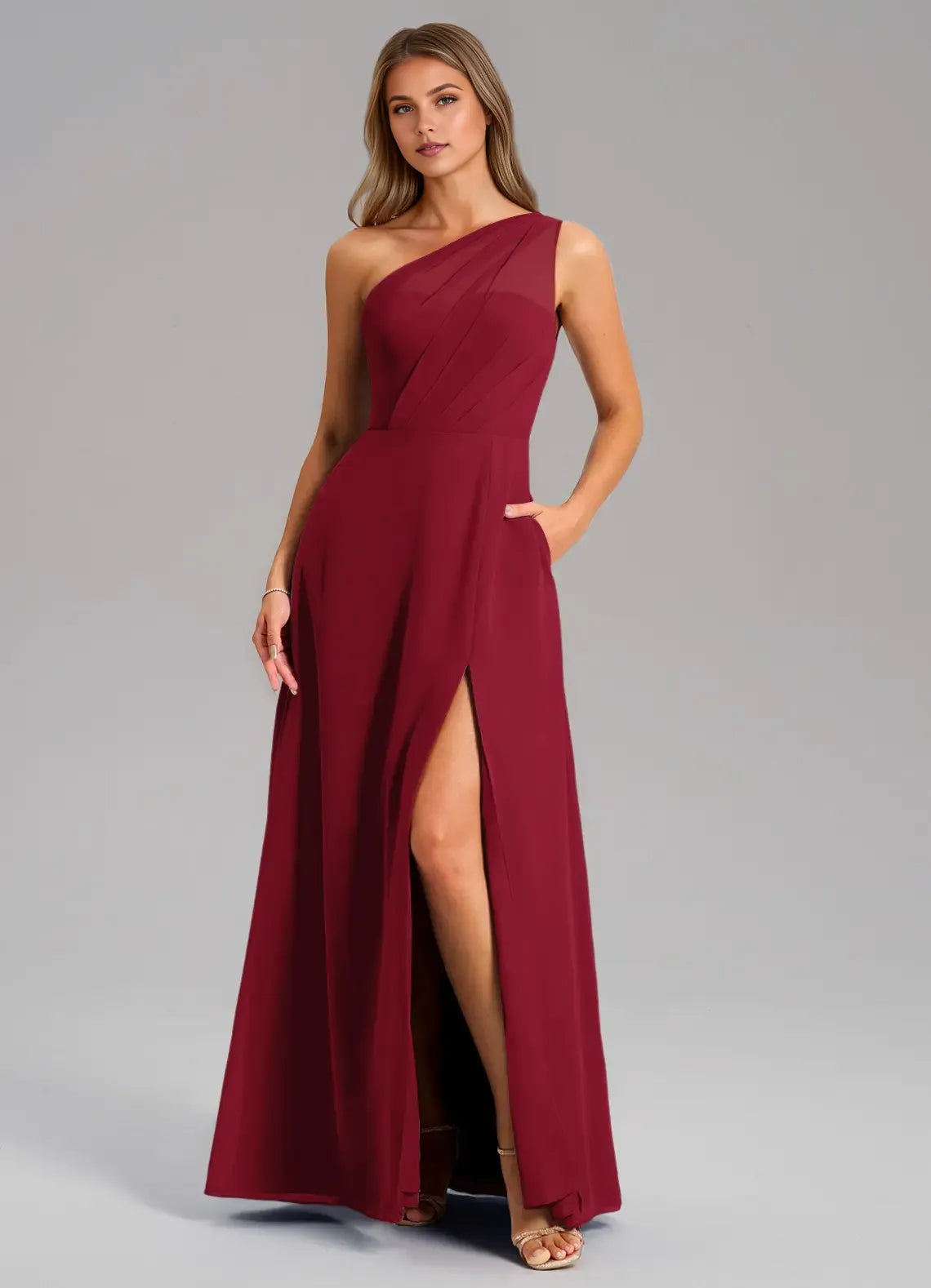 Sleek A Line One Shoulder Sheer Panel Back High Slit Floor Length For Sale Evening Dress