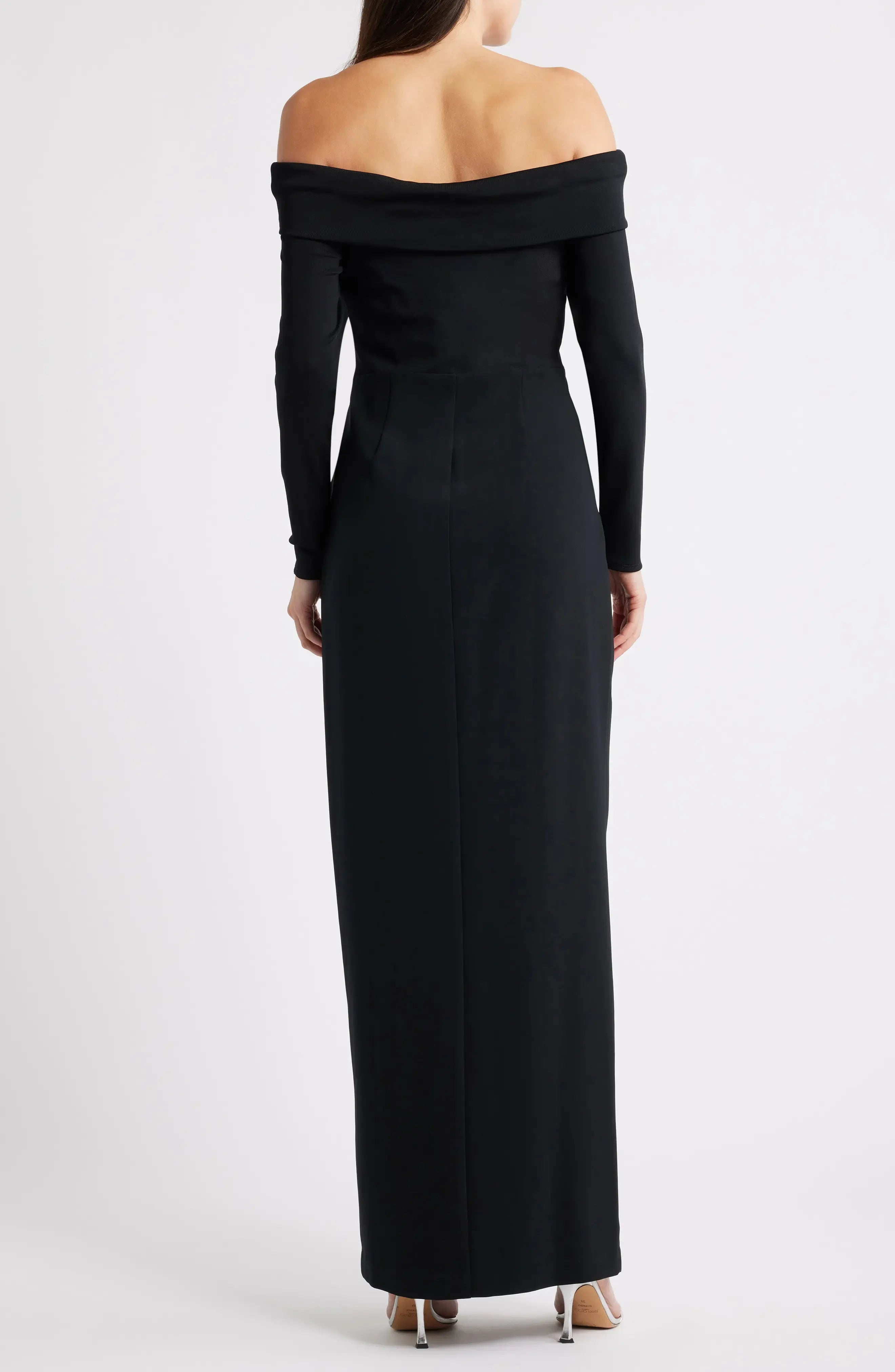 Sleek Column Off Shoulder Long Sleeve Twist Waist Maxi Evening Dress