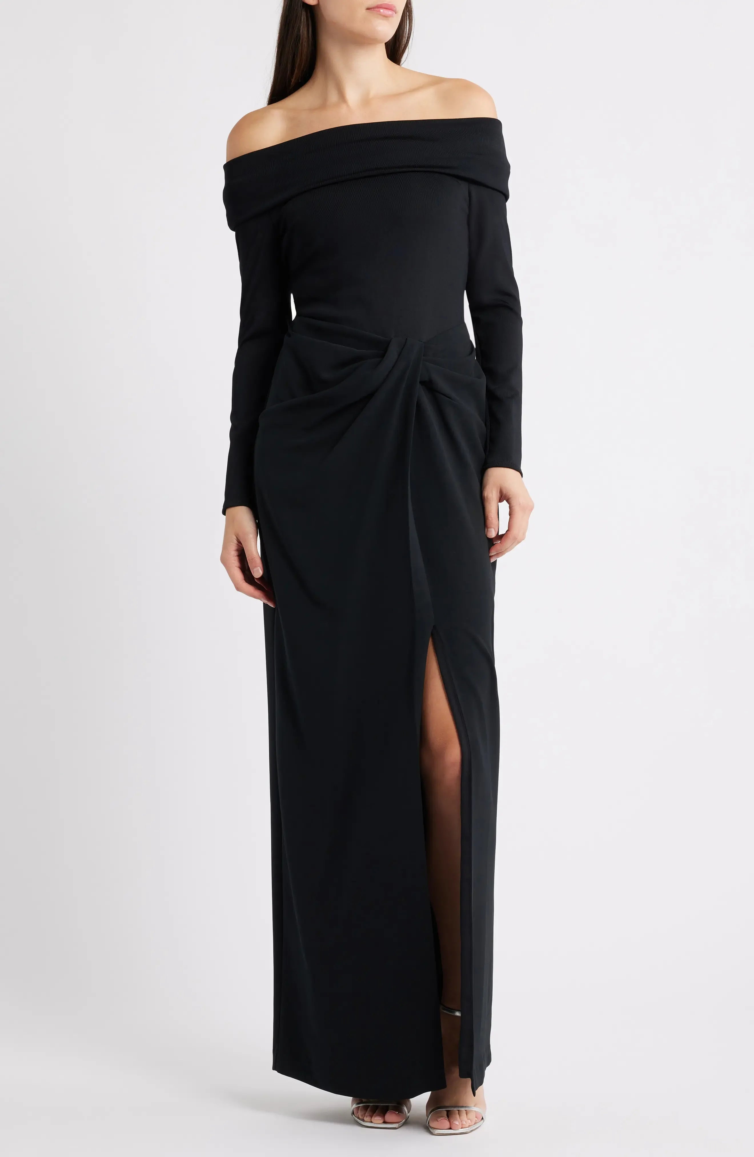 Sleek Column Off Shoulder Long Sleeve Twist Waist Maxi Evening Dress