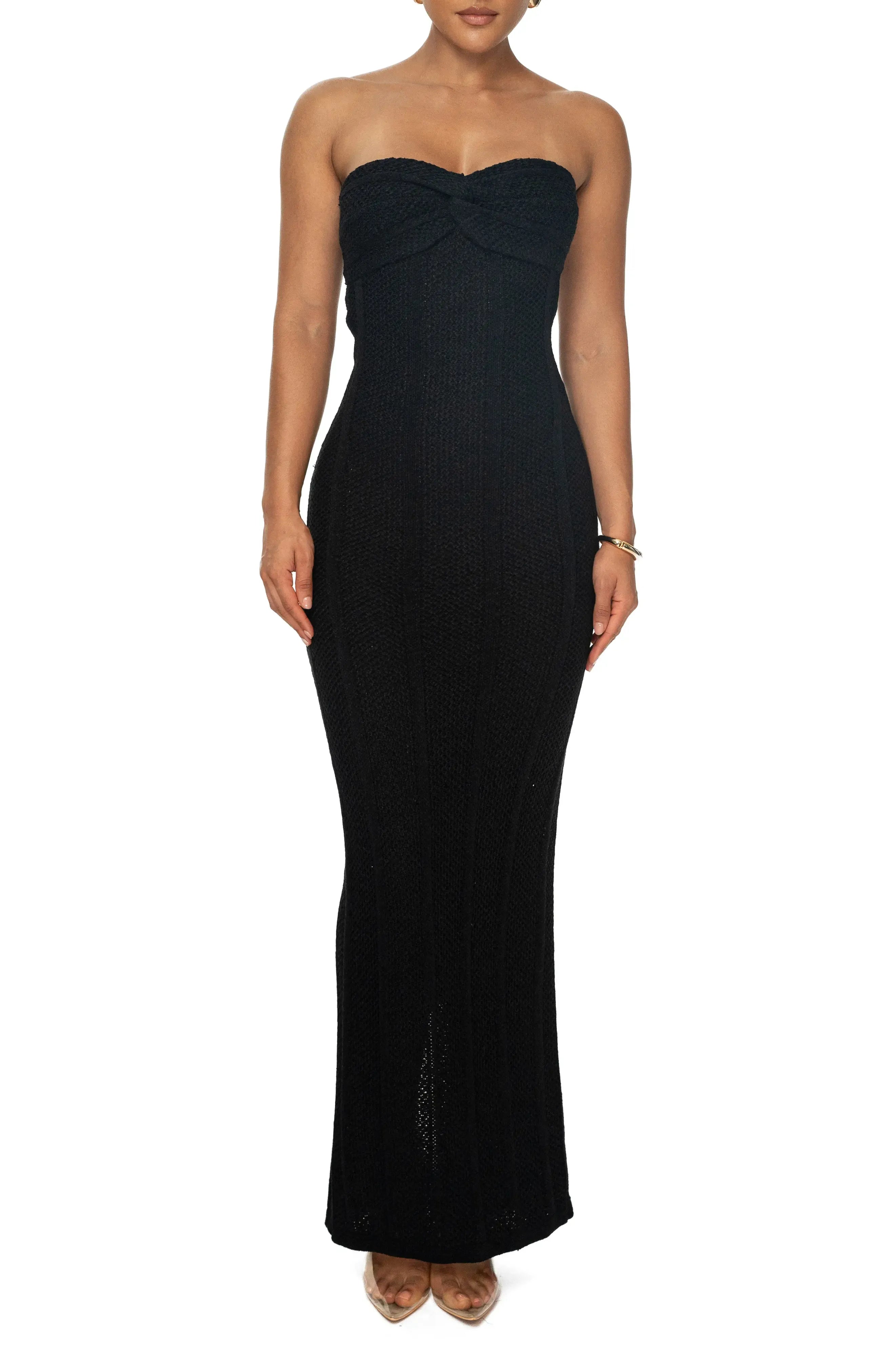 Sleek Column Strapless Twist Front Cutout Back Maxi Evening Dress