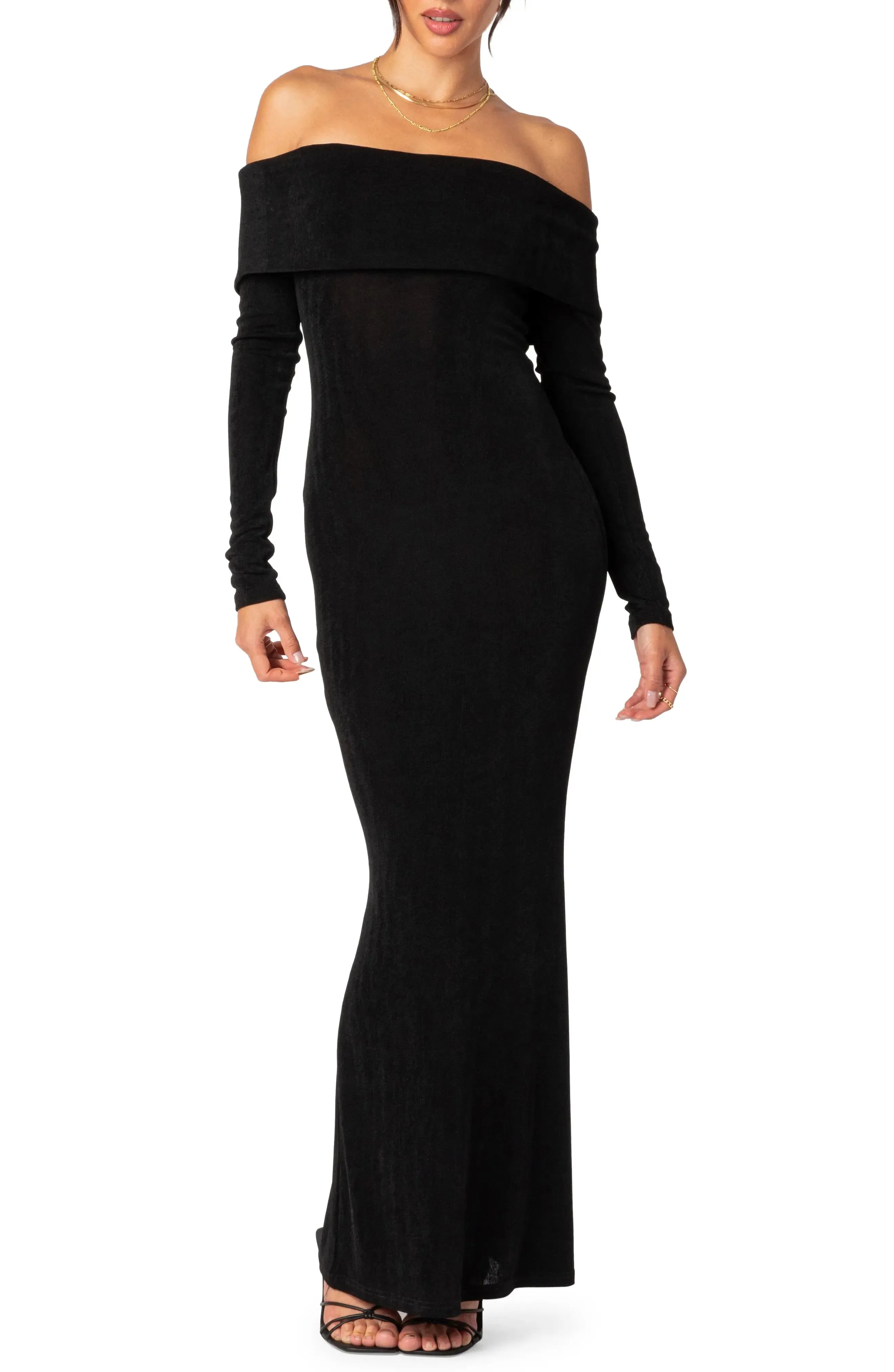 Sleek Fitted Off the Shoulder Long Sleeve Open Back Floor Length For Sale Prom Dress
