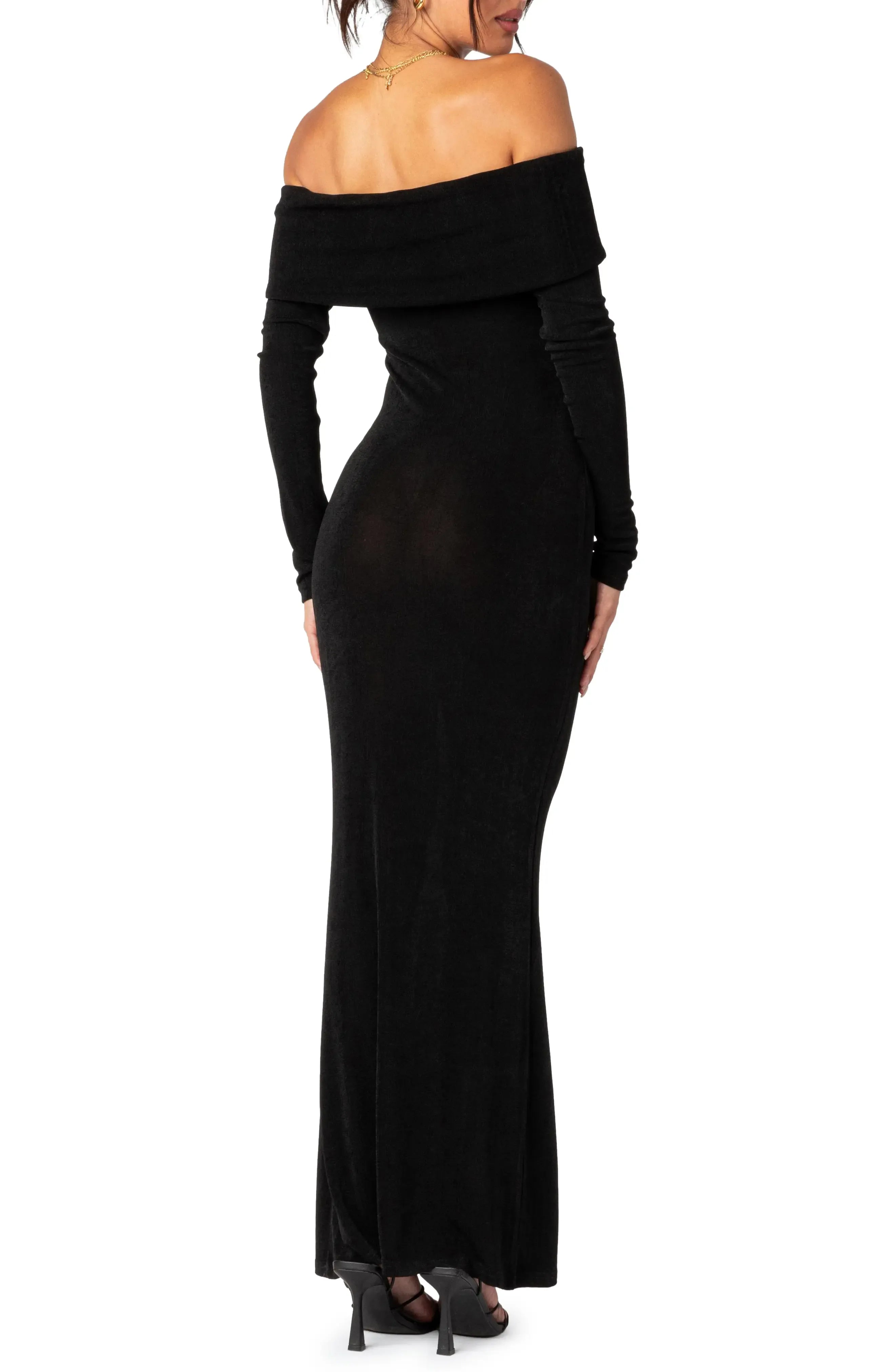 Sleek Fitted Off the Shoulder Long Sleeve Open Back Floor Length For Sale Prom Dress