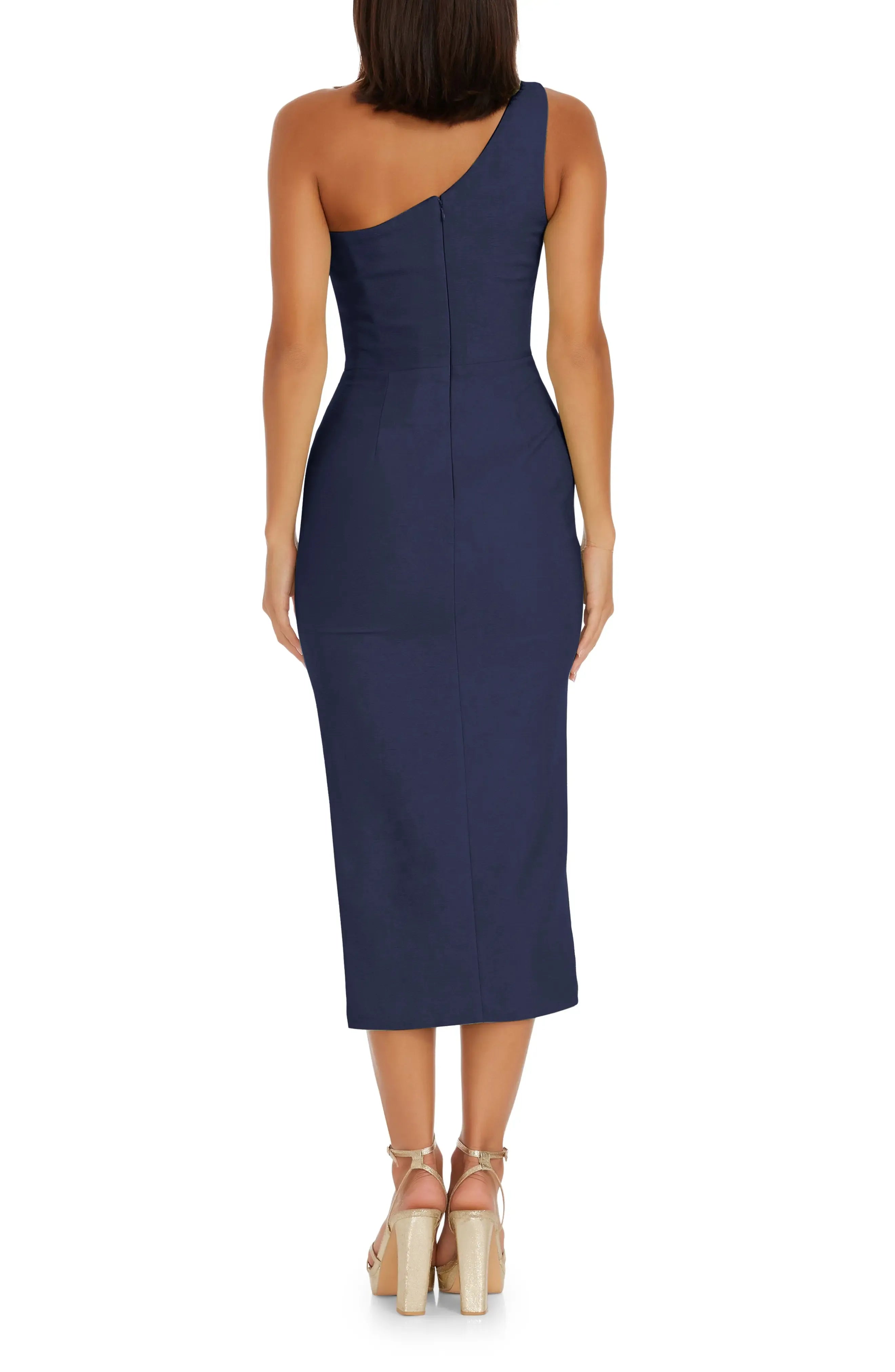 Sleek Fitted One Shoulder Single Sleeve Zipper Back Asymmetrical Midi For Adults Evening Dress