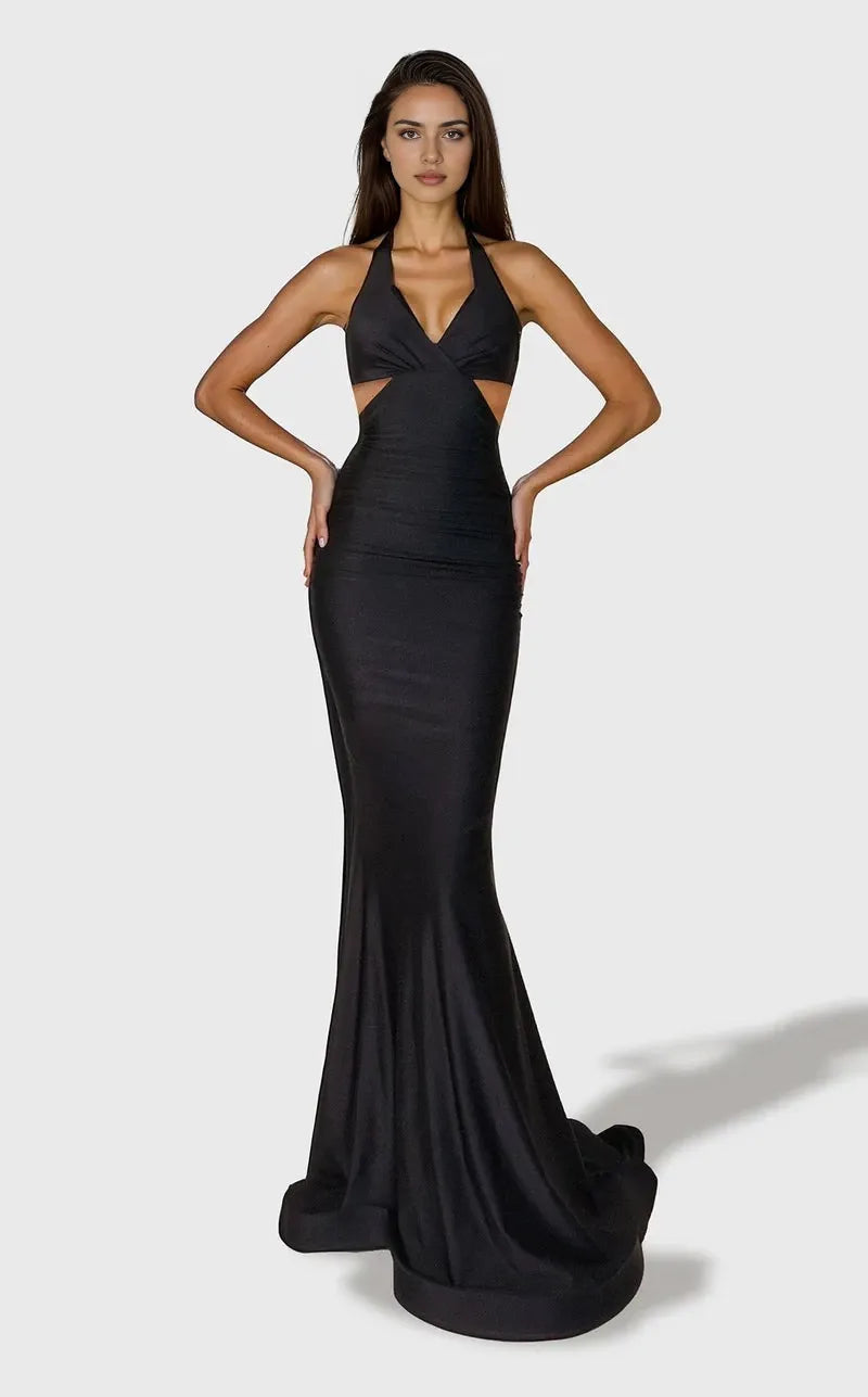 Sleek Mermaid Halter Sleeveless Lace-Up-Back Floor-Length Prom Dress