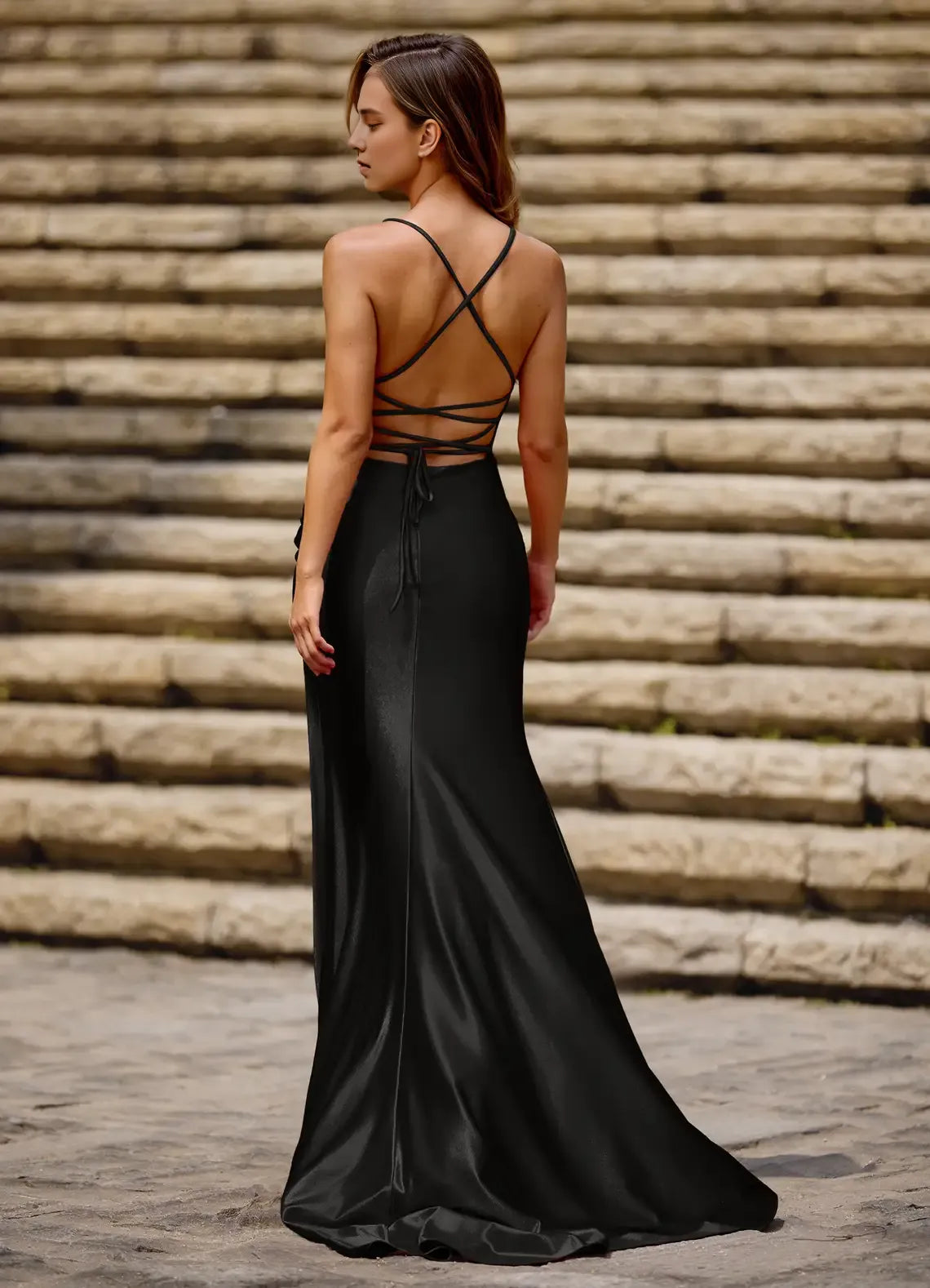 Sleek Mermaid Square Neck Spaghetti Strap Crisscross Lace Up Back High Slit Floor Length Hot sale Evening Dress