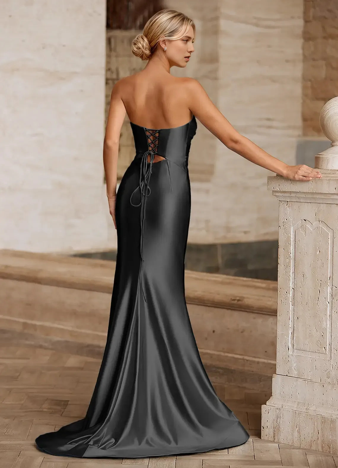 Sleek Mermaid Sweetheart Neck Strapless Crisscross Lace Up Back High Slit Floor Length Female Evening Dress