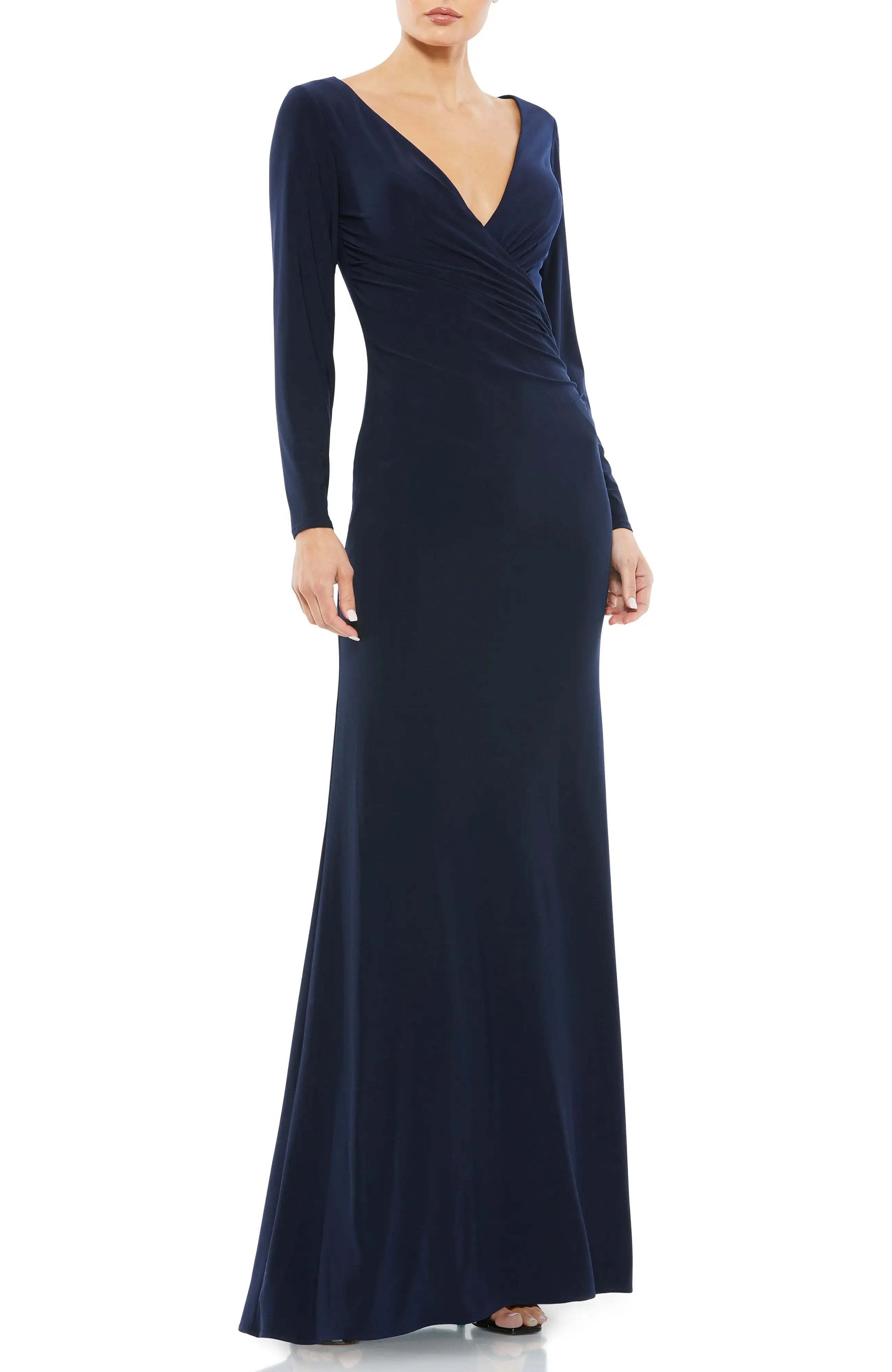 Sleek Ruched Mermaid Deep-V Neck Long Sleeve Zipper Back Floor Length For Adults Prom Dress