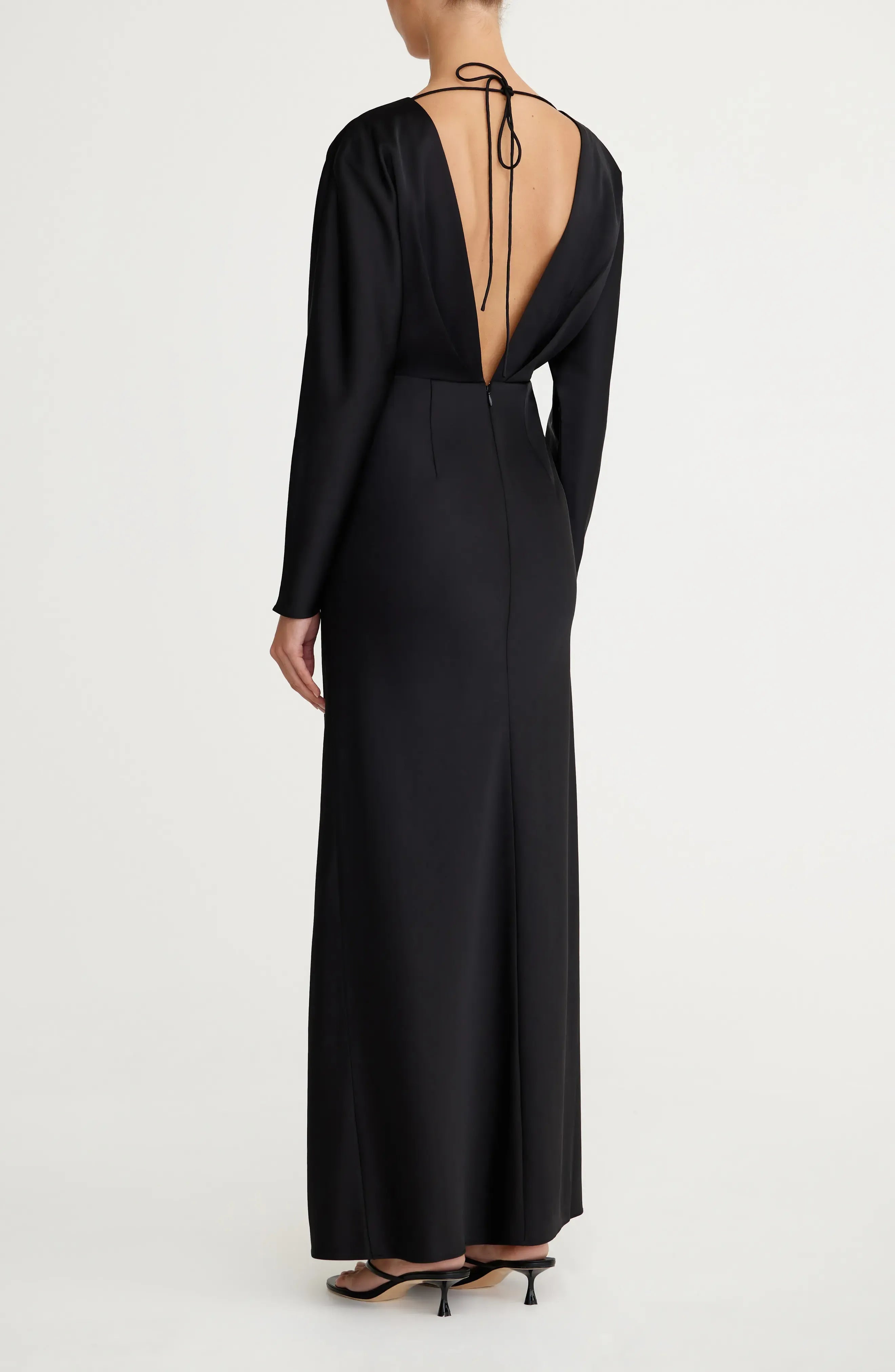 Sleek Satin Fitted Deep V Neck Long Sleeve Tie Back Floor Length For Ladies Evening Dress