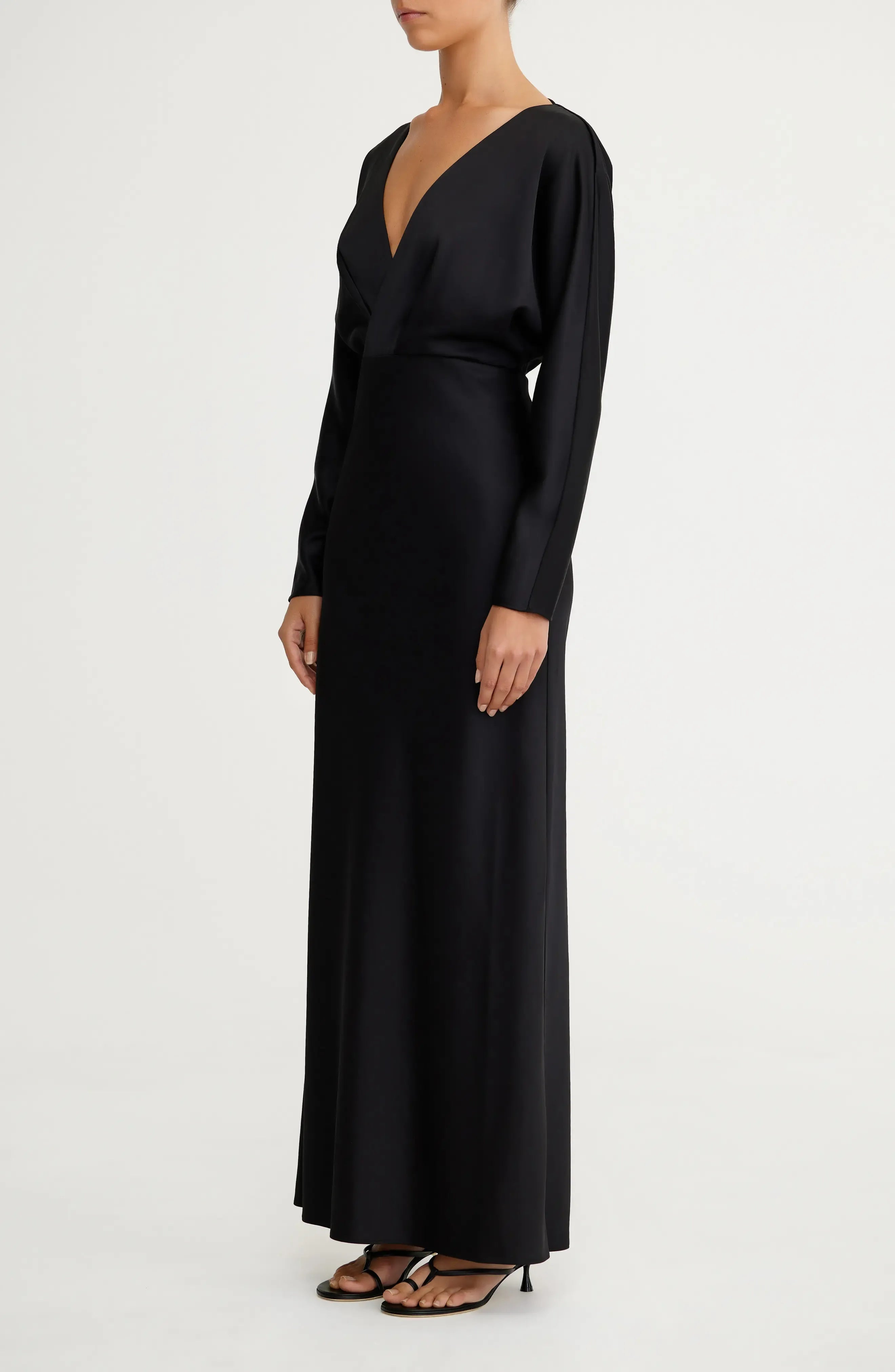 Sleek Satin Fitted Deep V Neck Long Sleeve Tie Back Floor Length For Ladies Evening Dress
