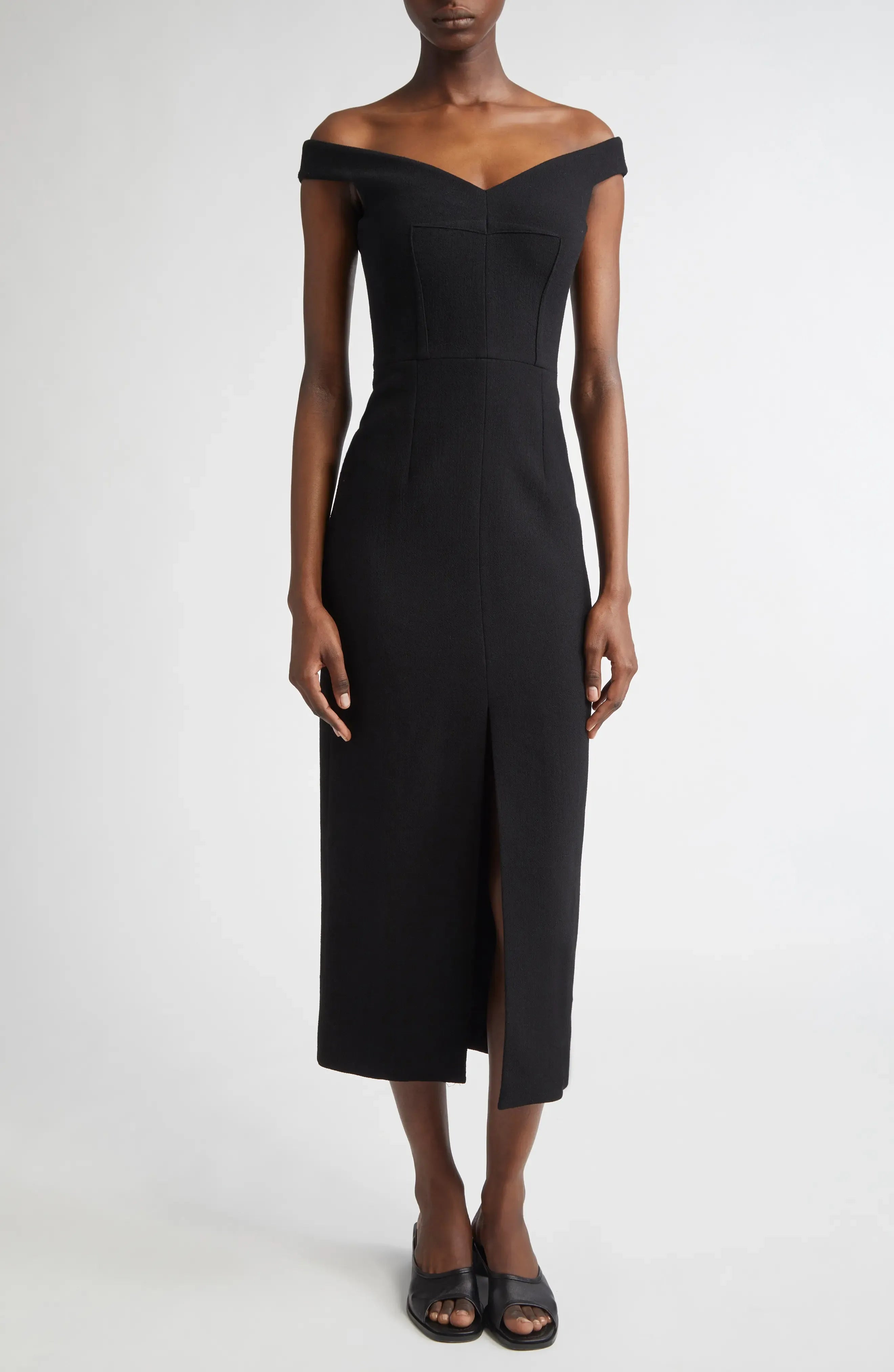 Sleek Sheath Off Shoulder Sleeveless Zipper Back Midi Evening Dress