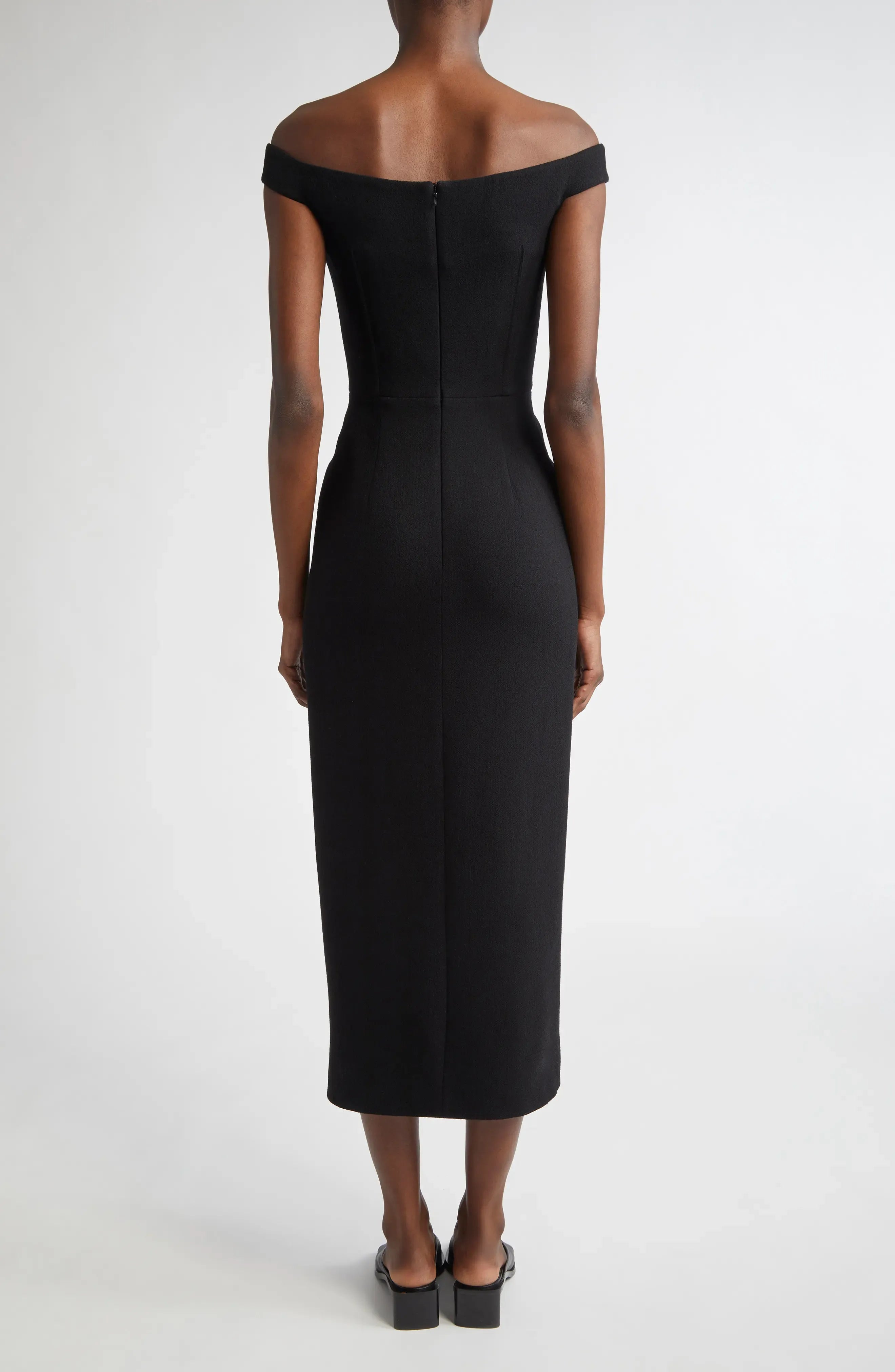 Sleek Sheath Off Shoulder Sleeveless Zipper Back Midi Evening Dress