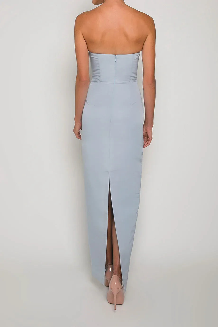 Sleek Sheath Strapless Sleeveless Zipper Back High Slit Floor Length Female Evening Dress