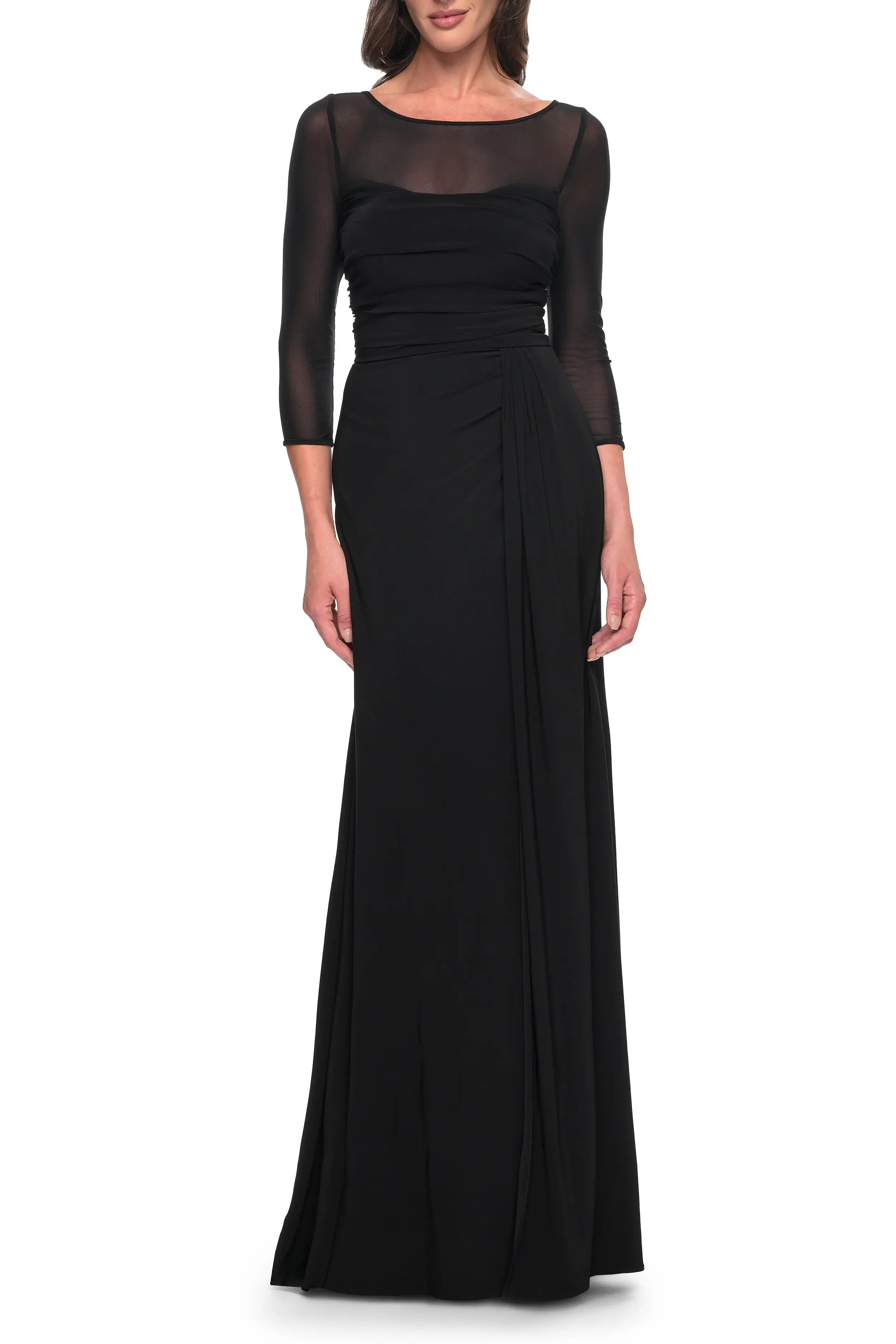 Sleek Sheer Yoke Ruched Boat Neck 3/4 Sleeve Zipper Back Floor Length Hot Sale Evening Dress
