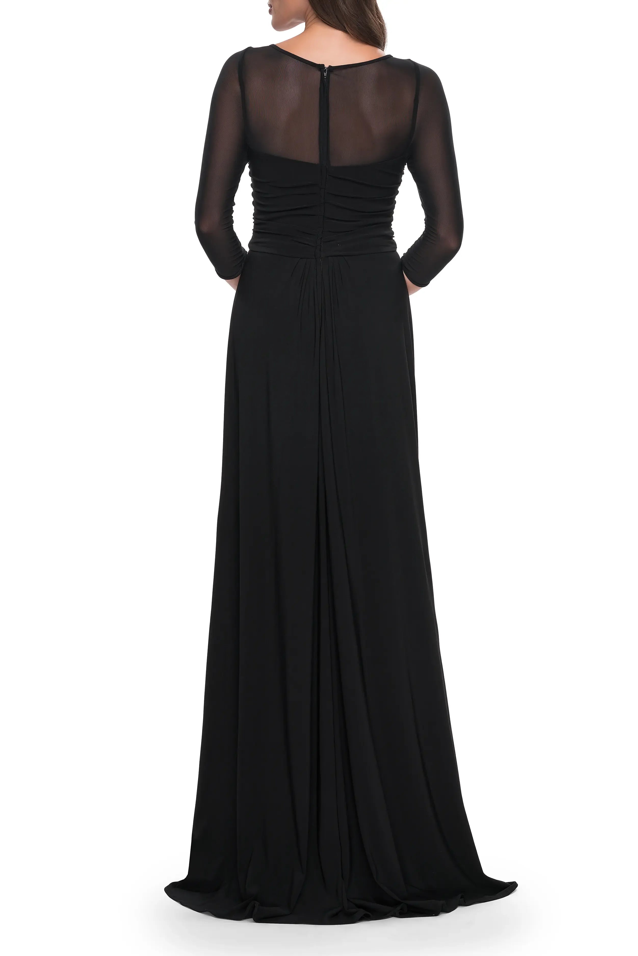 Sleek Sheer Yoke Ruched Boat Neck 3/4 Sleeve Zipper Back Floor Length Hot Sale Evening Dress