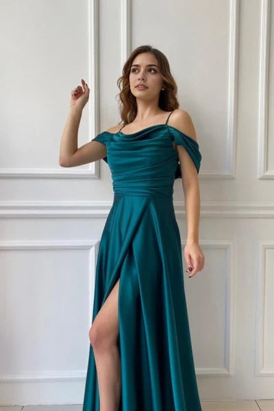 Sleek Long Off-the-Shoulder A-line Evening Dresses Prom Gowns Featuring Slit Simple gentle atmospheric and unique design
