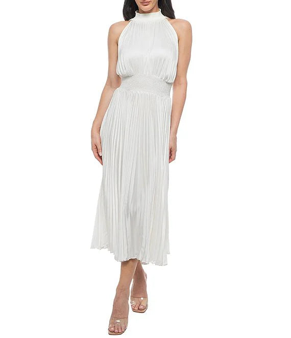 Sleeveless Halter Mock Neck Smocked Pleated Crepe Chiffon Dress simple gentle atmospheric and unique desi Bring summer colors to enhance whiteness