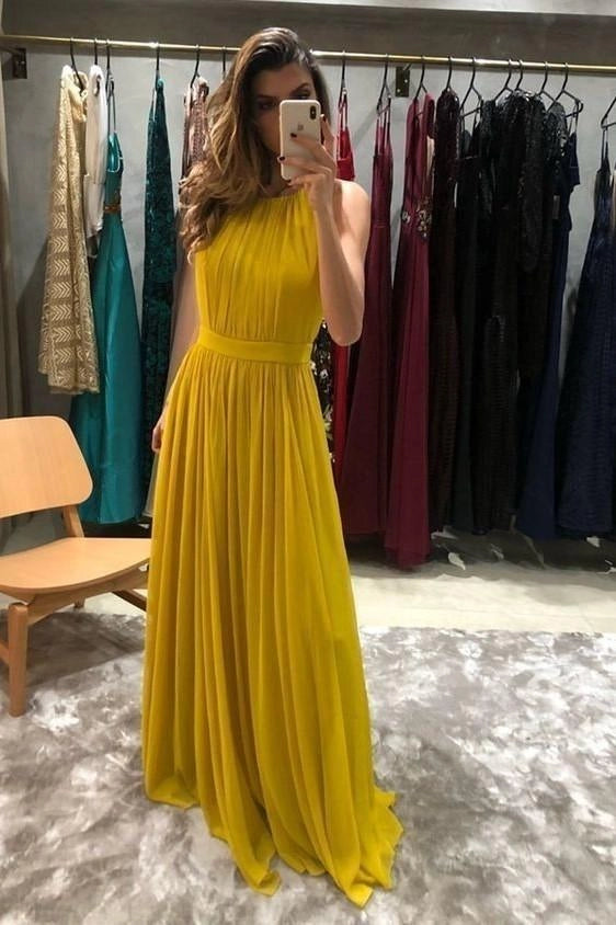 Sleeveless Yellow Chiffon Prom Gown with Pleat Bodice Evening Dress simple gentle atmospheric and unique desi Bring summer colors to enhance whitenes