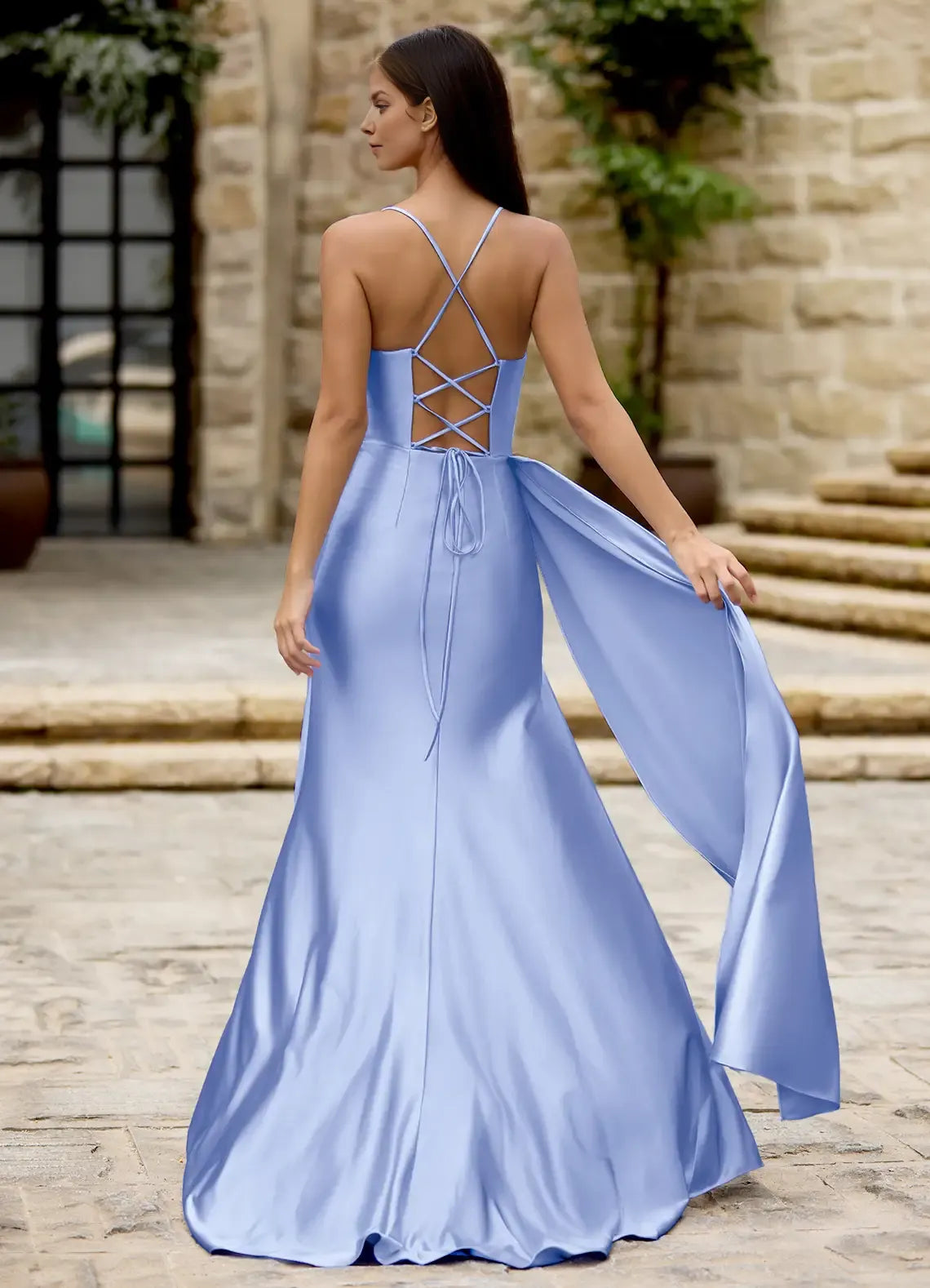 Smooth Mermaid Sweetheart Neck Spaghetti Strap Crisscross Lace Up Back High Slit Floor Length Female Evening Dress