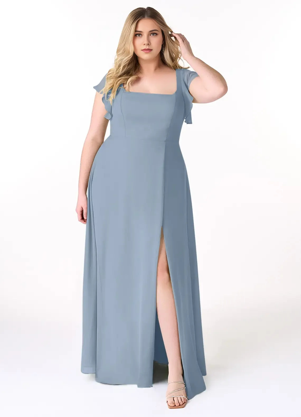 Soft A Line Square Neck Ruffled Cap Sleeve Tie Back High Slit plus size Floor Length For Sale Evening Dress