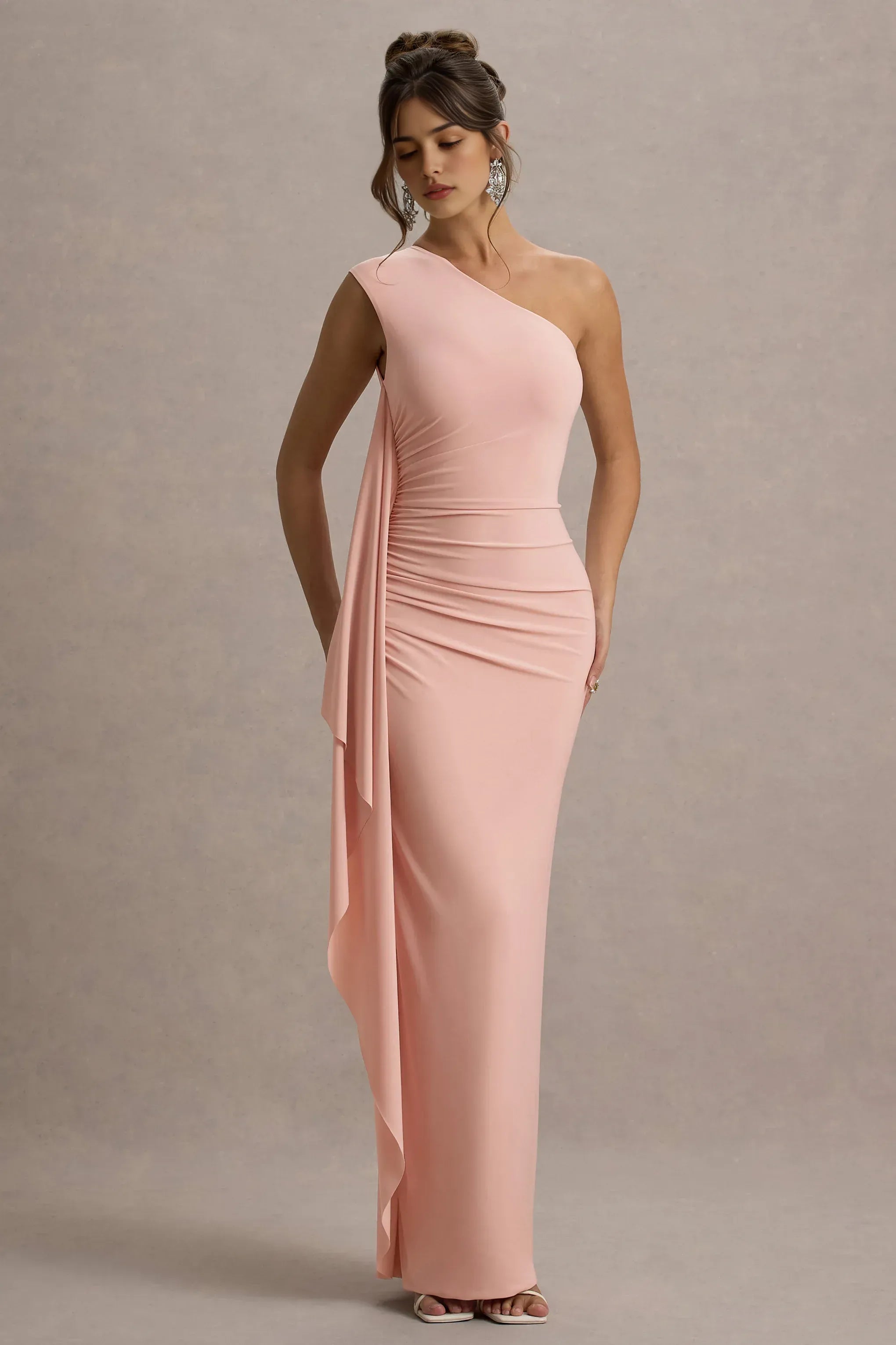 Soft Mermaid One Shoulder Sleeveless Drape Back Floor Length For Ladies Evening Dress