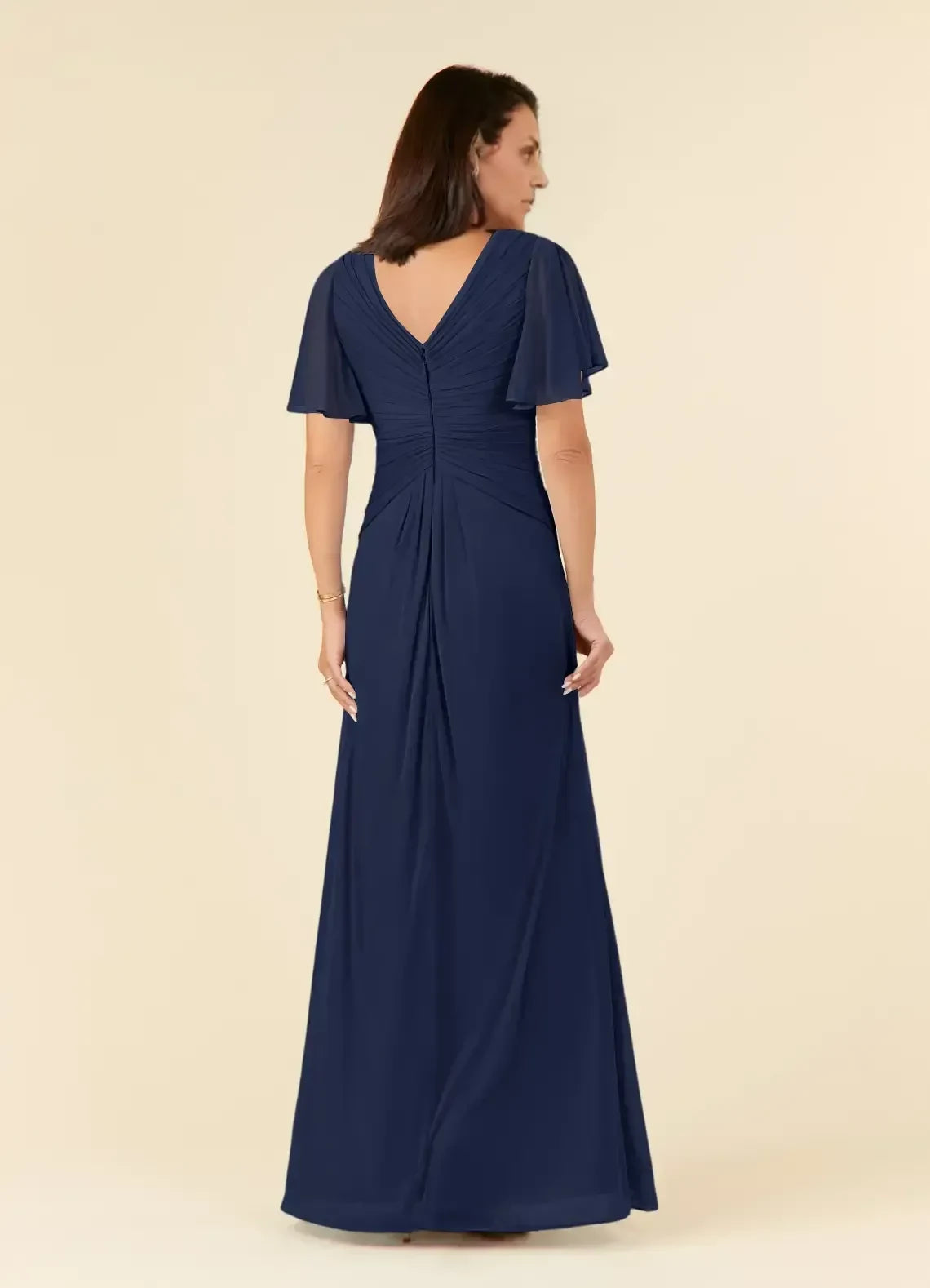 Sophisticated A Line V Neck Flutter Sleeve Ruched Back Floor Length Mother of the Bride Dress