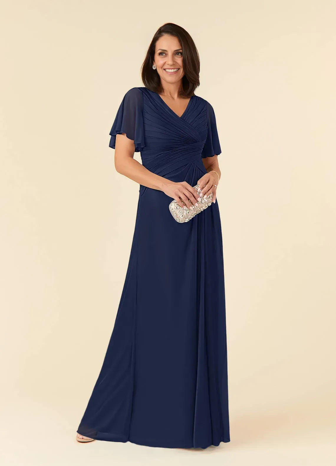 Sophisticated A Line V Neck Flutter Sleeve Ruched Back Floor Length Mother of the Bride Dress