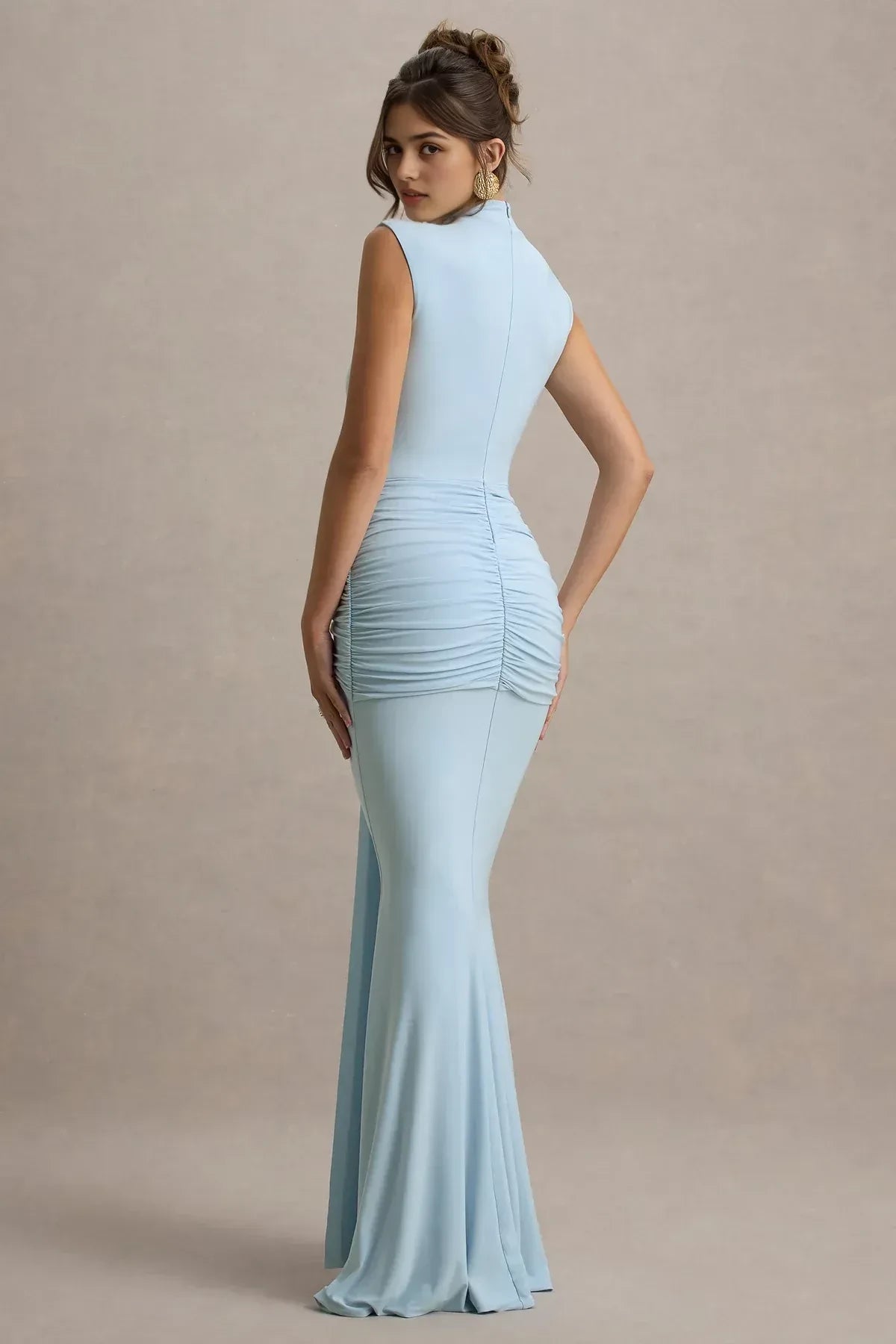 Sophisticated Mermaid Mock Neck Sleeveless Ruched Back Floor Length Prom Dress