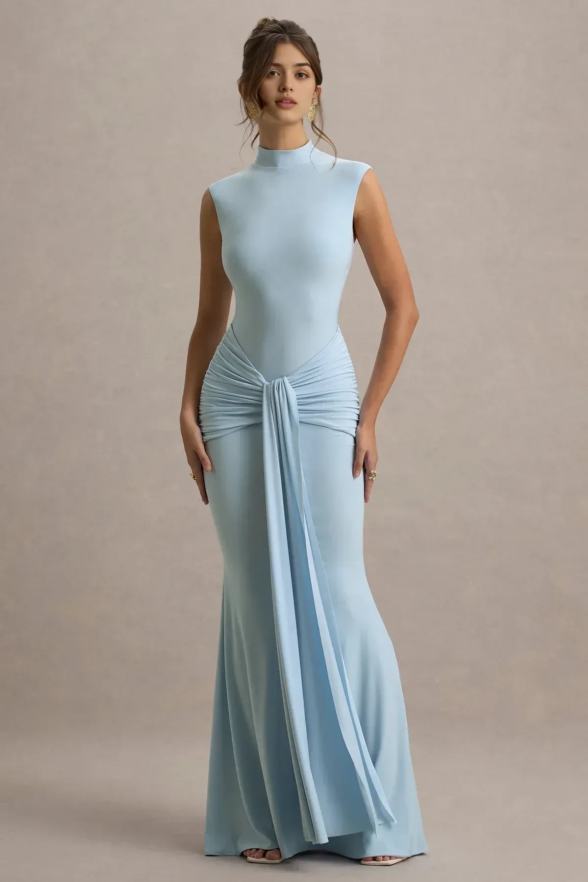 Sophisticated Mermaid Mock Neck Sleeveless Ruched Back Floor Length Prom Dress