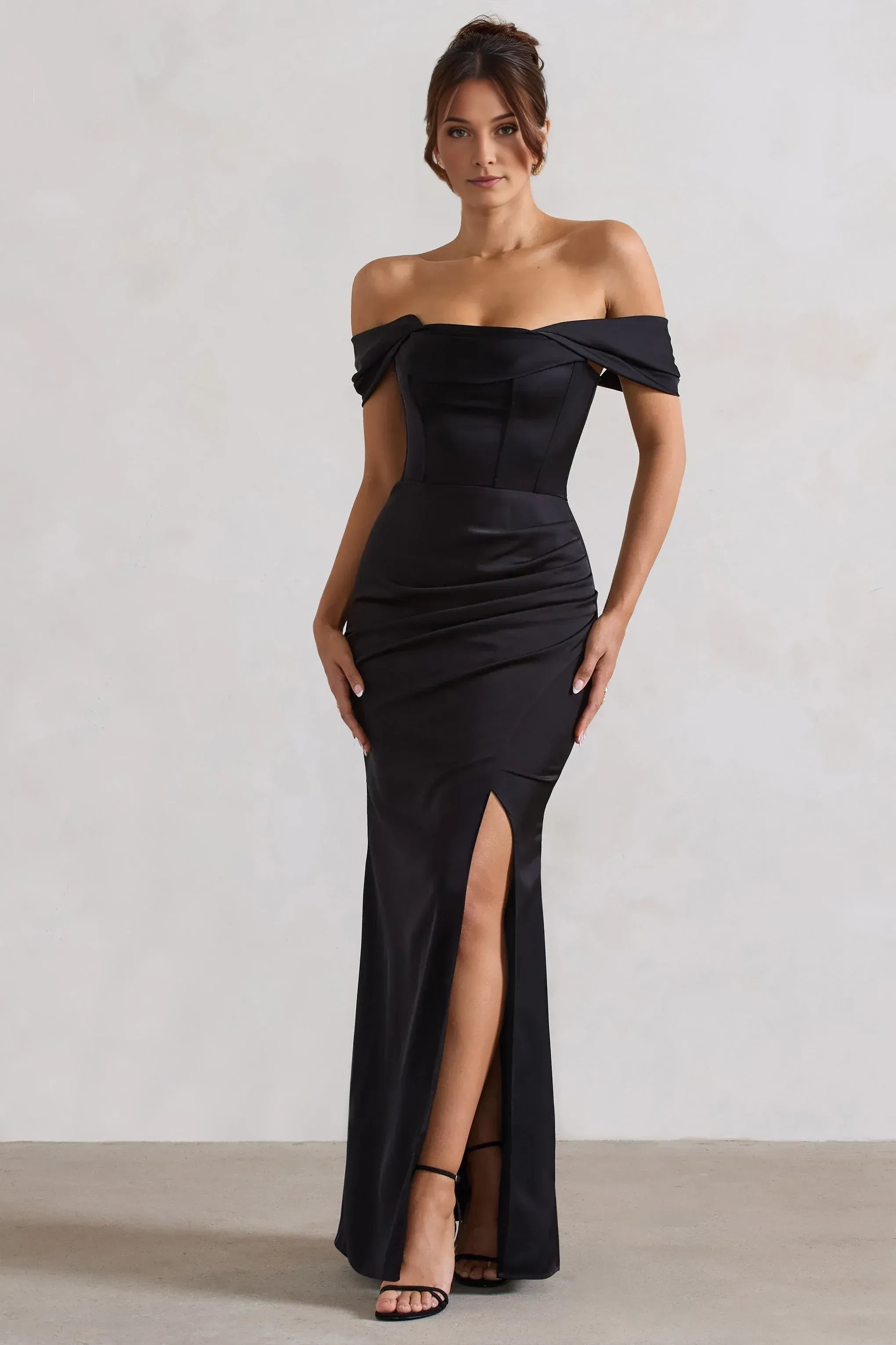 Sophisticated Mermaid Off Shoulder Short Sleeve Ruched Back High Slit Floor Length Prom Dress