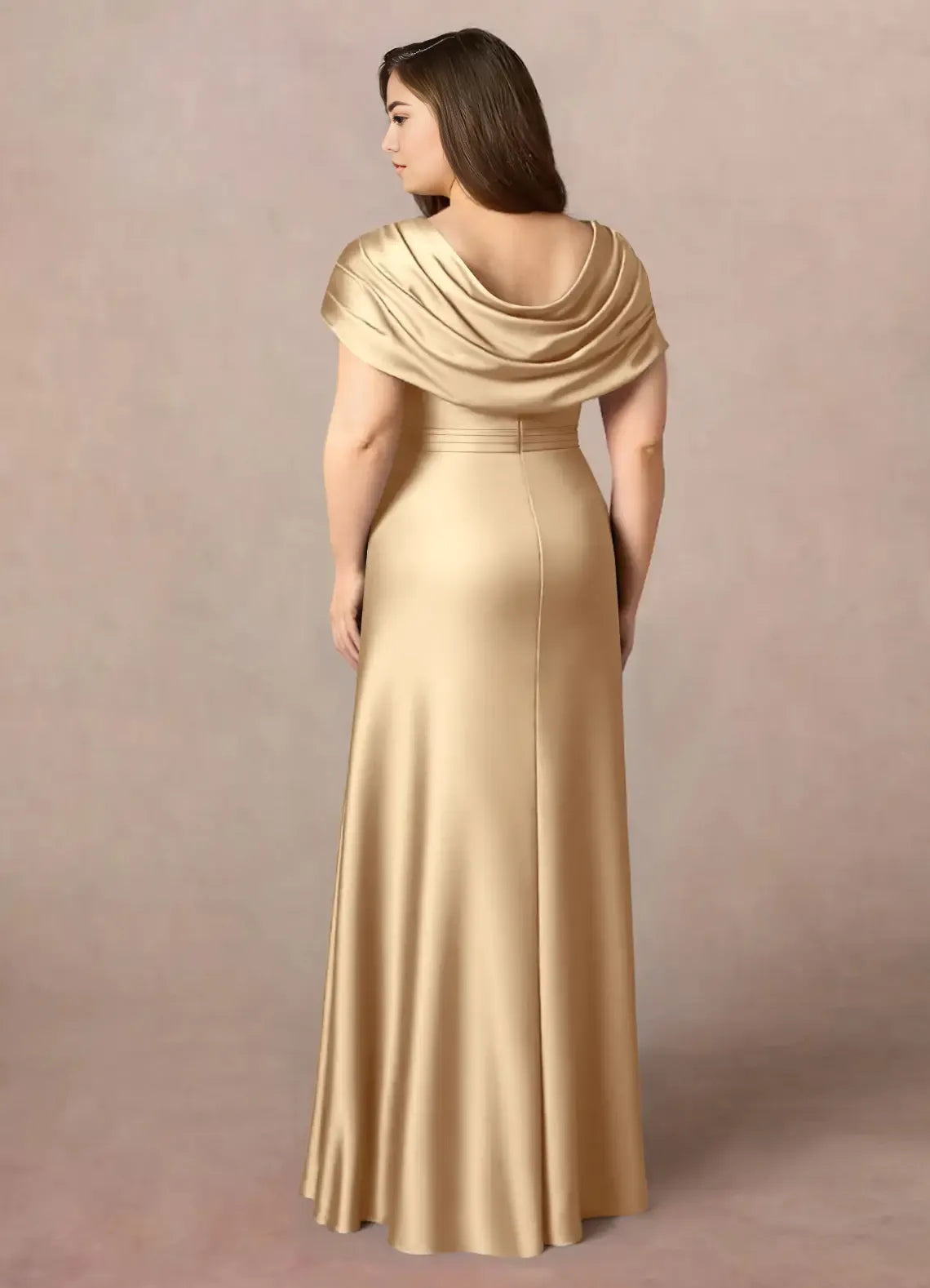 Sophisticated Plus Size A Line Cowl Neck Short Sleeve Ruched Back Floor Length Mother of the Bride Dress