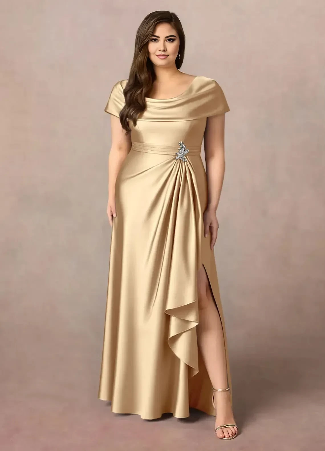 Sophisticated Plus Size A Line Cowl Neck Short Sleeve Ruched Back Floor Length Mother of the Bride Dress