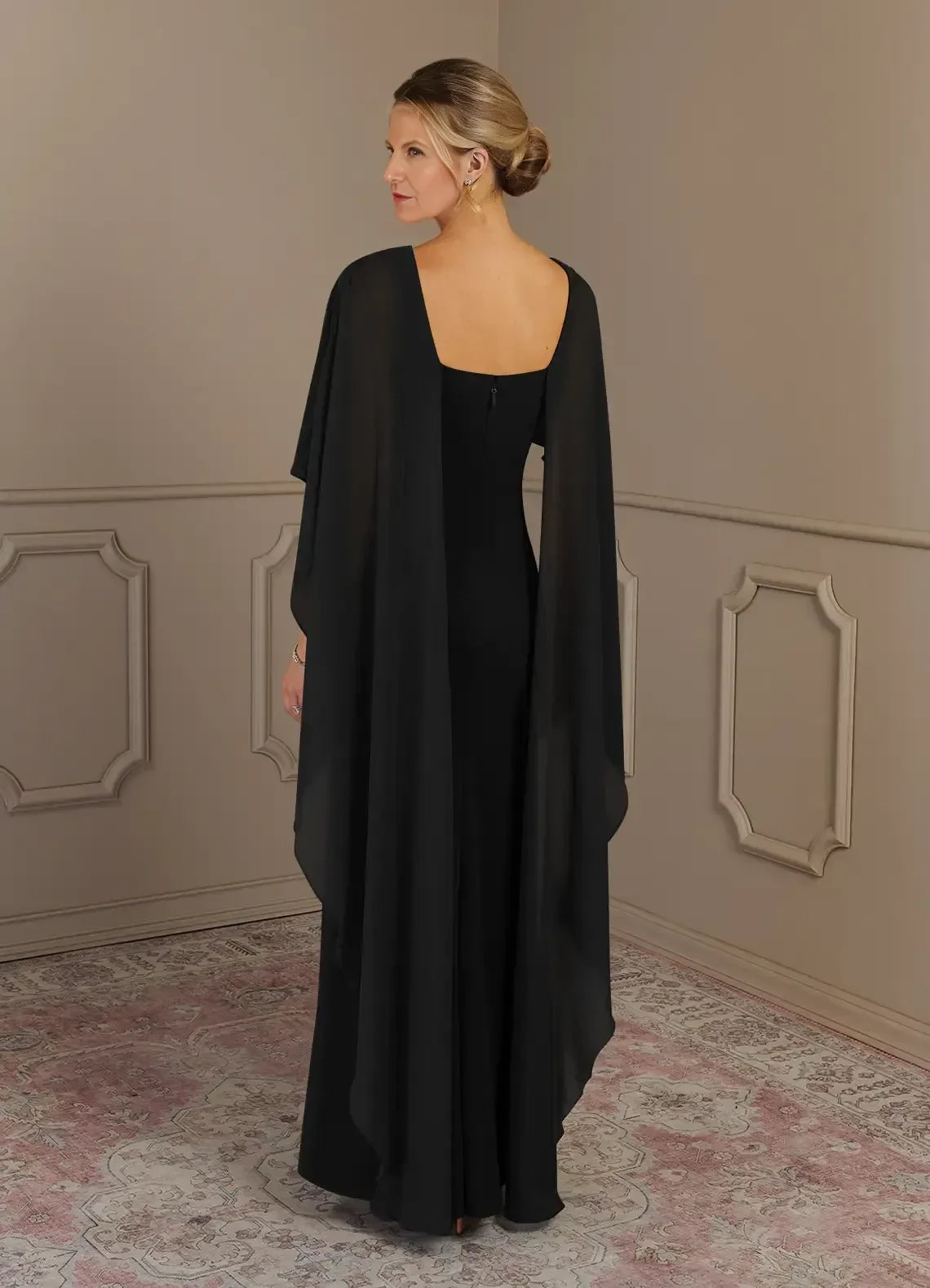 Sophisticated Sheath Boat Neck Cape Sleeve Zipper Back Floor Length Mother of the Bride Dress