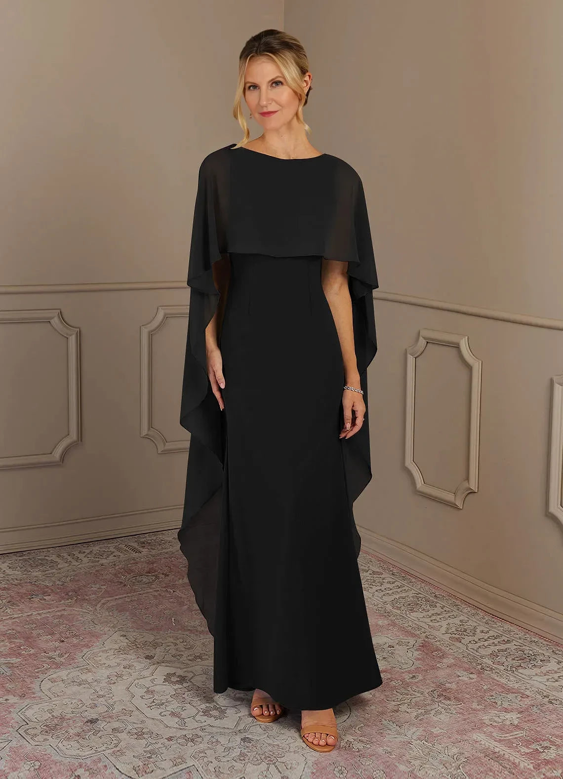 Sophisticated Sheath Boat Neck Cape Sleeve Zipper Back Floor Length Mother of the Bride Dress